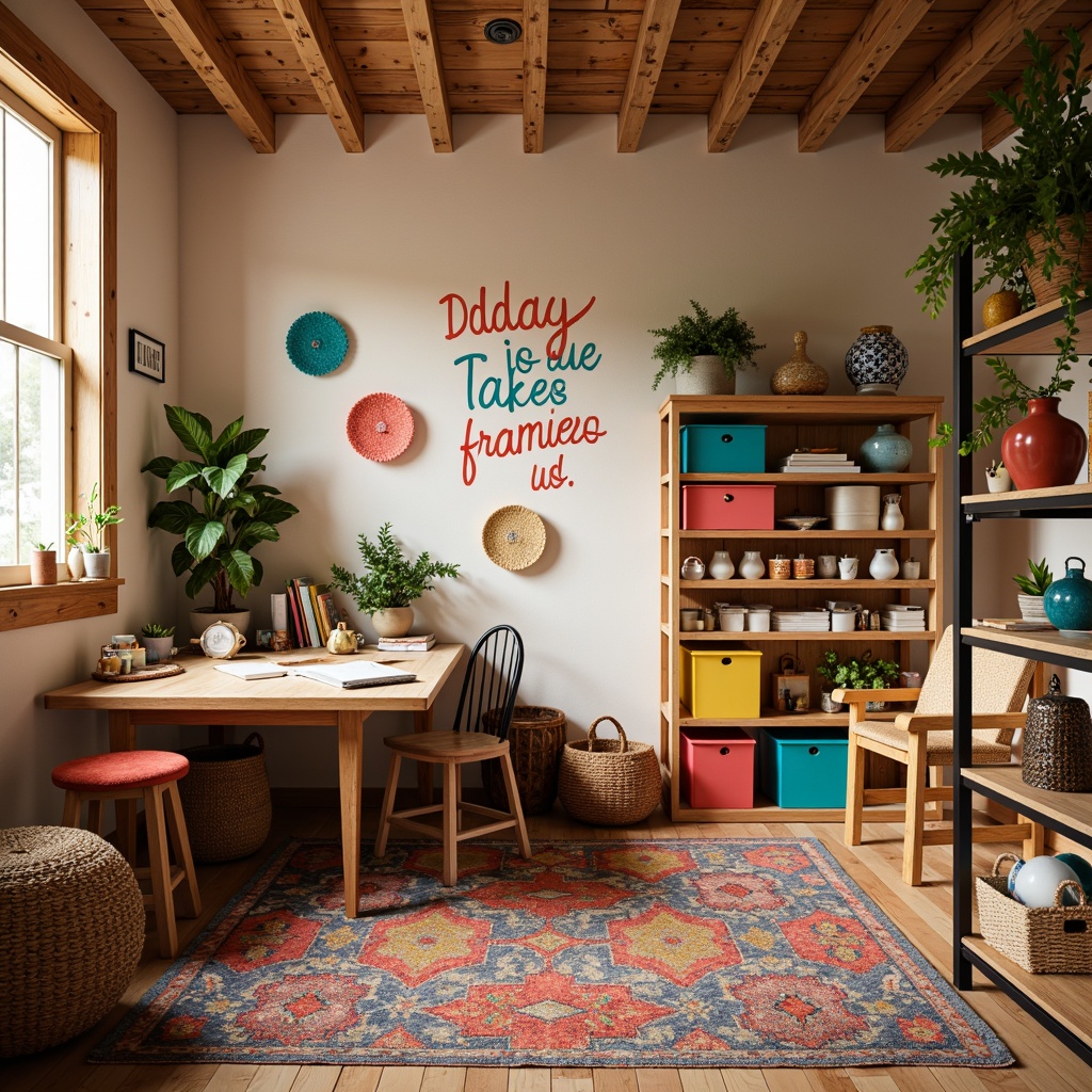 Prompt: Vibrant craft room, creative workspace, wooden worktables, colorful storage bins, inspirational quote decals, soft warm lighting, natural wood accents, calming beige walls, pops of bright coral, turquoise and yellow, eclectic mix of patterns, bohemian textiles, woven baskets, decorative rugs, cozy reading nook, comfortable plush chairs, rustic metal shelving, organized craft supplies, artistic expression, stimulating atmosphere, 1/1 composition, soft focus, warm color tones.