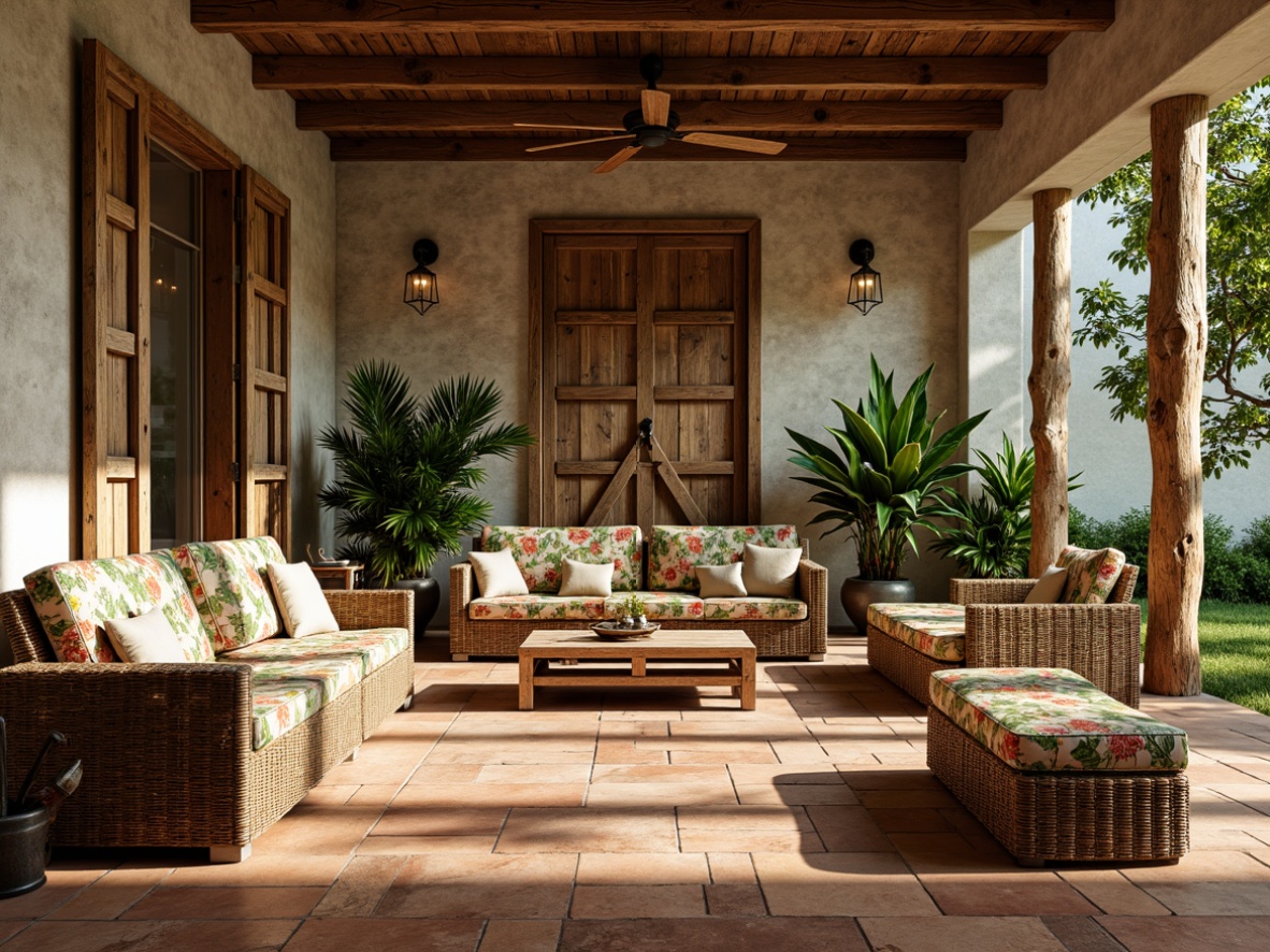 Prompt: Rustic tropical farmhouse, reclaimed wood accents, natural stone walls, earthy terracotta floors, woven rattan furniture, vibrant greenery, exotic plants, colorful floral patterns, distressed metal decor, vintage farm tools, warm sunny day, soft diffused lighting, shallow depth of field, 1/2 composition, natural textures, ambient occlusion.