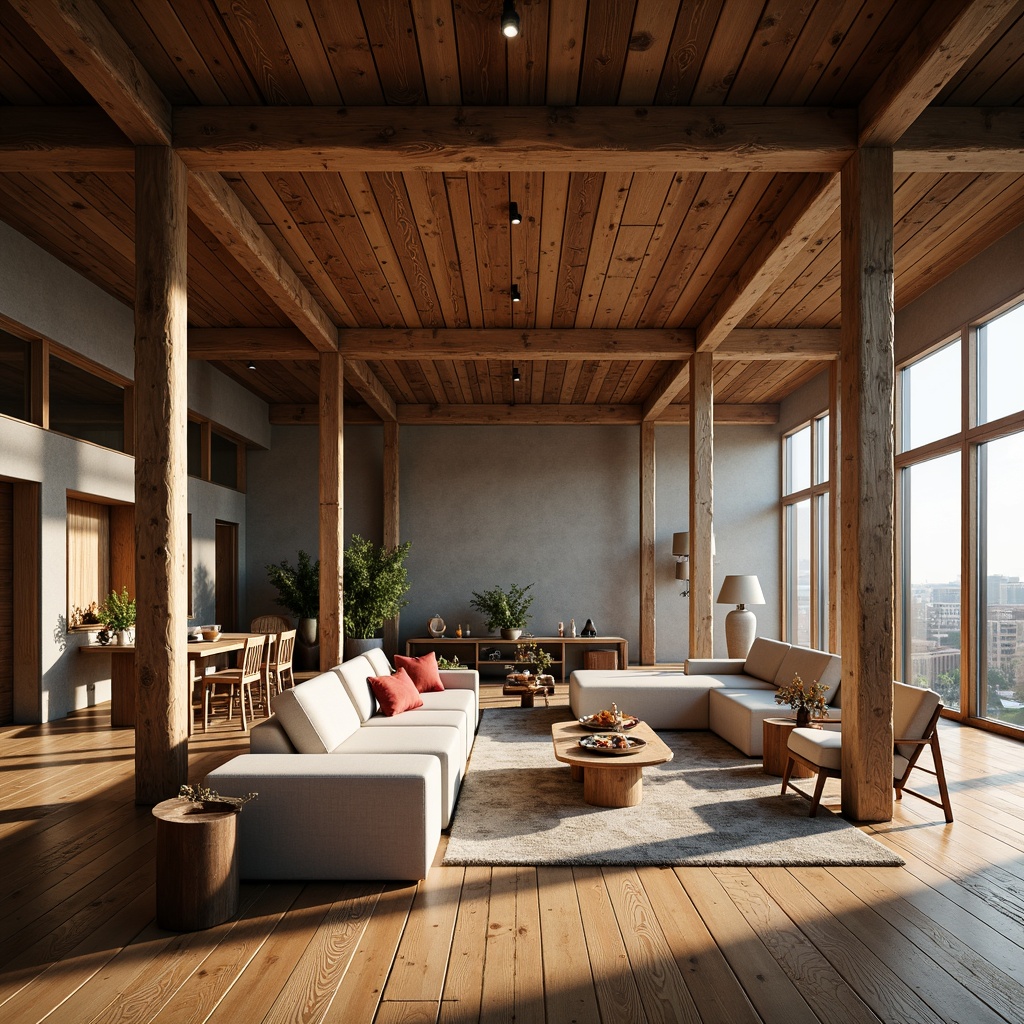 Prompt: Exposed wooden ceiling beams, rustic textures, natural wood tones, industrial-chic aesthetic, open-plan living spaces, high ceilings, dramatic vertical emphasis, cozy nooks, warm ambient lighting, soft shadows, 3/4 composition, atmospheric perspective, realistic wood grain, subtle color palette, earthy tones, organic feel, inviting atmosphere.