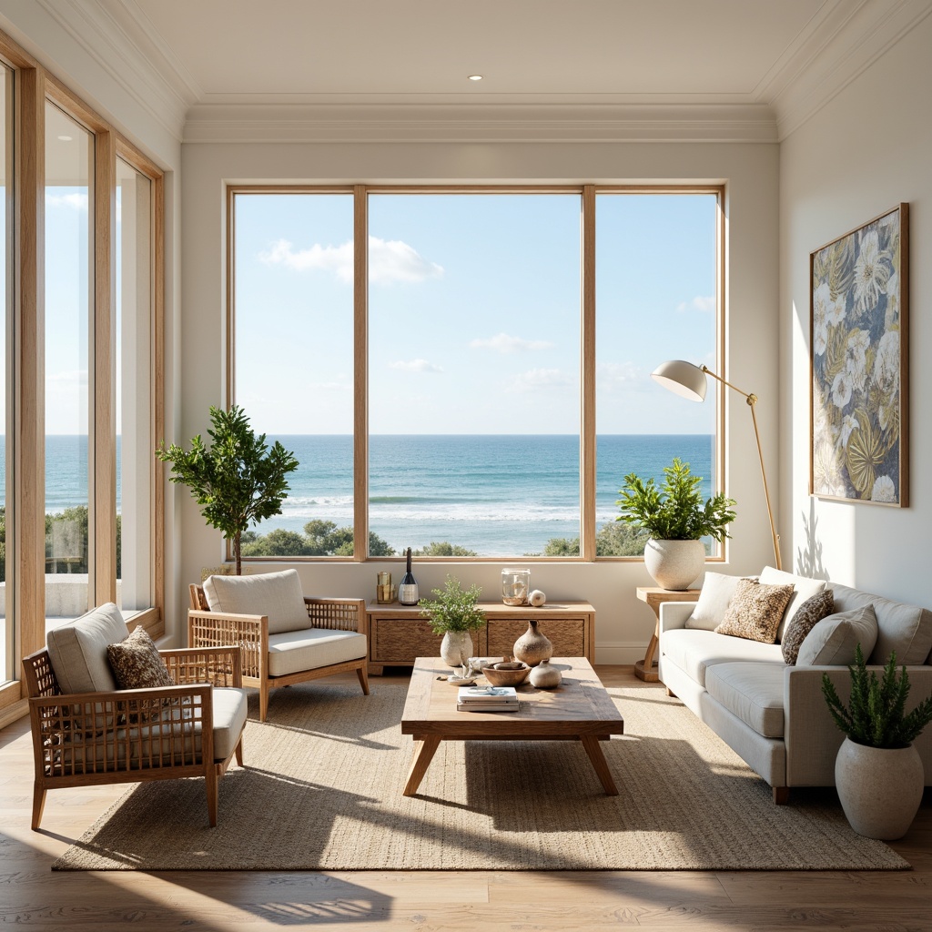 Prompt: Coastal living room, large windows, soft natural light, calming ocean views, creamy white walls, weathered wood accents, driftwood furniture, woven rattan chairs, plush linen upholstery, sea-inspired color palette, soothing blue hues, sandy beige tones, coral patterned rugs, shell-adorned decorative accessories, potted palm plants, minimalist decor, airy open space, 1/1 composition, warm soft focus, realistic textures.