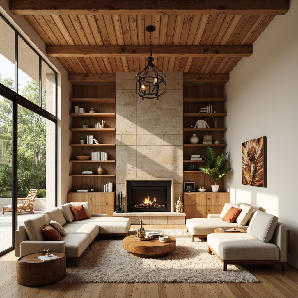 Prompt: Vibrant living room, warm beige walls, rich walnut wood accents, soft cream-colored sofas, plush area rugs, natural stone fireplace, modern minimalist chandelier, large windows, abundant sunlight, cozy reading nook, comfortable seating arrangement, harmonious color balance, earthy tone palette, subtle texture contrasts, calming ambiance, relaxing atmosphere, soft warm lighting, 1/1 composition, realistic renderings.