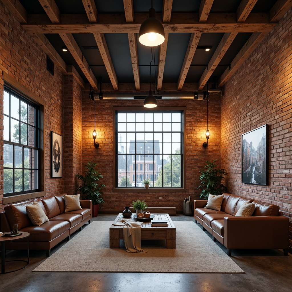 Prompt: Exposed brick walls, industrial chic decor, reclaimed wood accents, metal beams, Edison bulb fixtures, pendant lamps, minimalist coffee tables, distressed leather sofas, vintage factory windows, concrete floors, urban loft atmosphere, high ceilings, open space layout, functional track lighting, warm cozy ambiance, softbox lights, 1/1 composition, realistic textures, ambient occlusion.