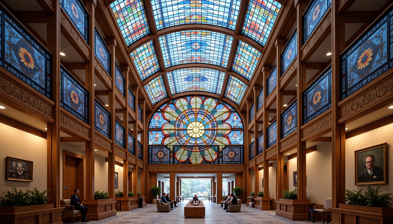 Prompt: Vibrant stained glass artwork, ornate metal frames, intricate geometric patterns, colorful light refractions, majestic ceiling installations, grand atrium spaces, luxurious government offices, formal meeting rooms, elegant conference halls, sophisticated administrative areas, warm natural lighting, soft pastel hues, subtle texture overlays, 1/1 composition, symmetrical balance, realistic glass materials, ambient occlusion.