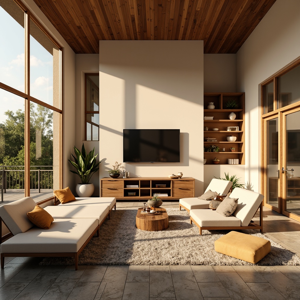 Prompt: Vibrant living room, warm beige walls, rich walnut furniture, soft cream accents, natural stone flooring, plush area rug, floor-to-ceiling windows, abundant natural light, warm golden lighting, 1/1 composition, shallow depth of field, realistic textures, ambient occlusion.