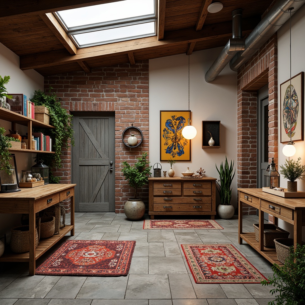 Prompt: Eclectic family garage, vintage furniture pieces, distressed wood accents, colorful patterned rugs, industrial metal shelving, reclaimed wood workbenches, rustic metal lanterns, eclectic decorative artifacts, abstract artwork, lively color schemes, natural stone flooring, exposed brick walls, overhead skylights, warm soft lighting, 1/1 composition, realistic textures, ambient occlusion.