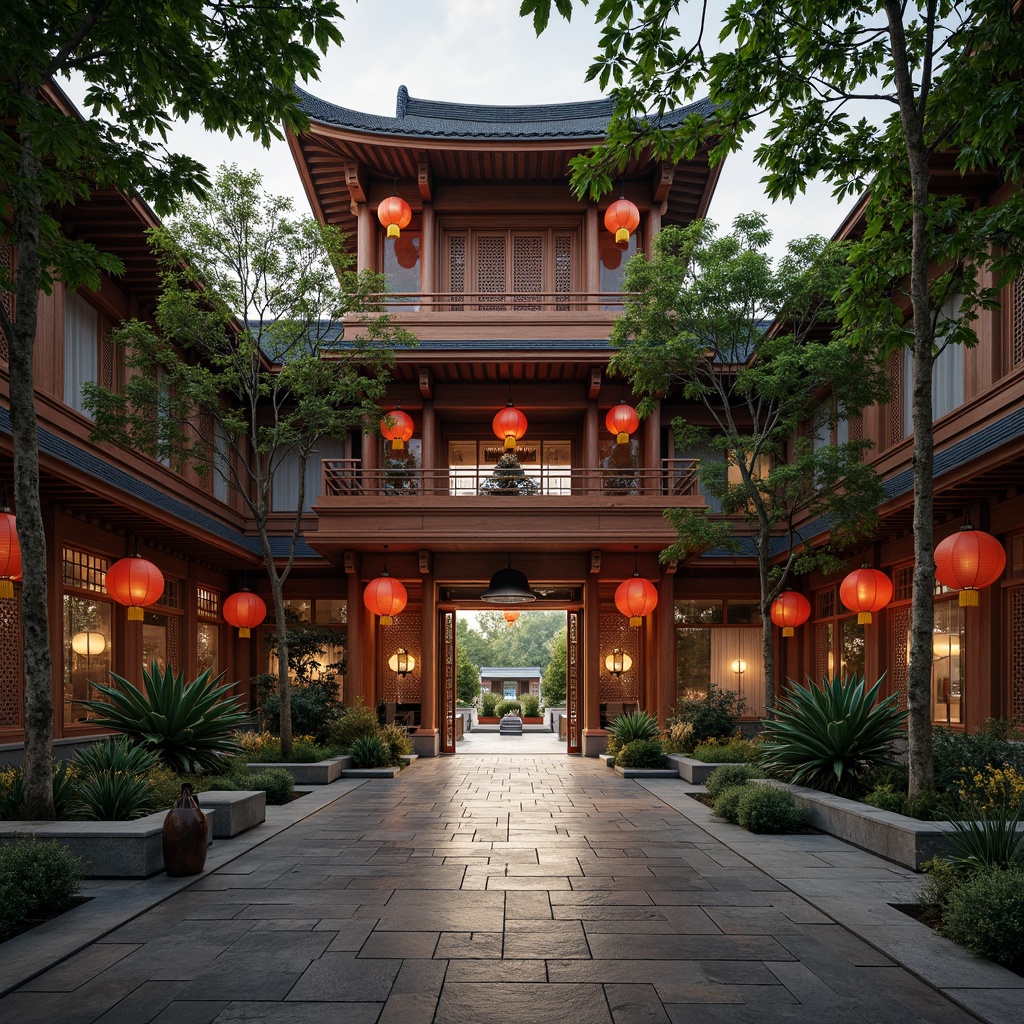 Prompt: Traditional Asian-style church, ornate carvings, intricate wooden panels, vibrant red lanterns, grandiose entrance gates, peaceful courtyard, serene water features, lush greenery, natural stone flooring, elegant curved lines, cultural fusion architecture, warm ambient lighting, soft reverberation, 1/1 composition, medium depth of field, realistic textures, subtle color grading.