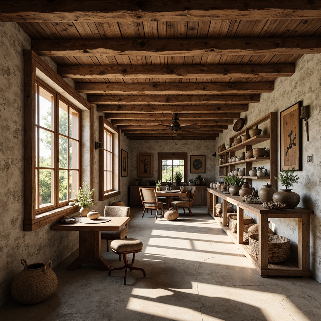 Prompt: Rustic farmhouse, wooden beams, natural stone walls, vintage metal decor, distressed wood accents, open shelving units, ceramic pottery displays, woven baskets, earthy color palette, warm soft lighting, cozy atmosphere, organic textures, 3/4 composition, shallow depth of field, realistic render.