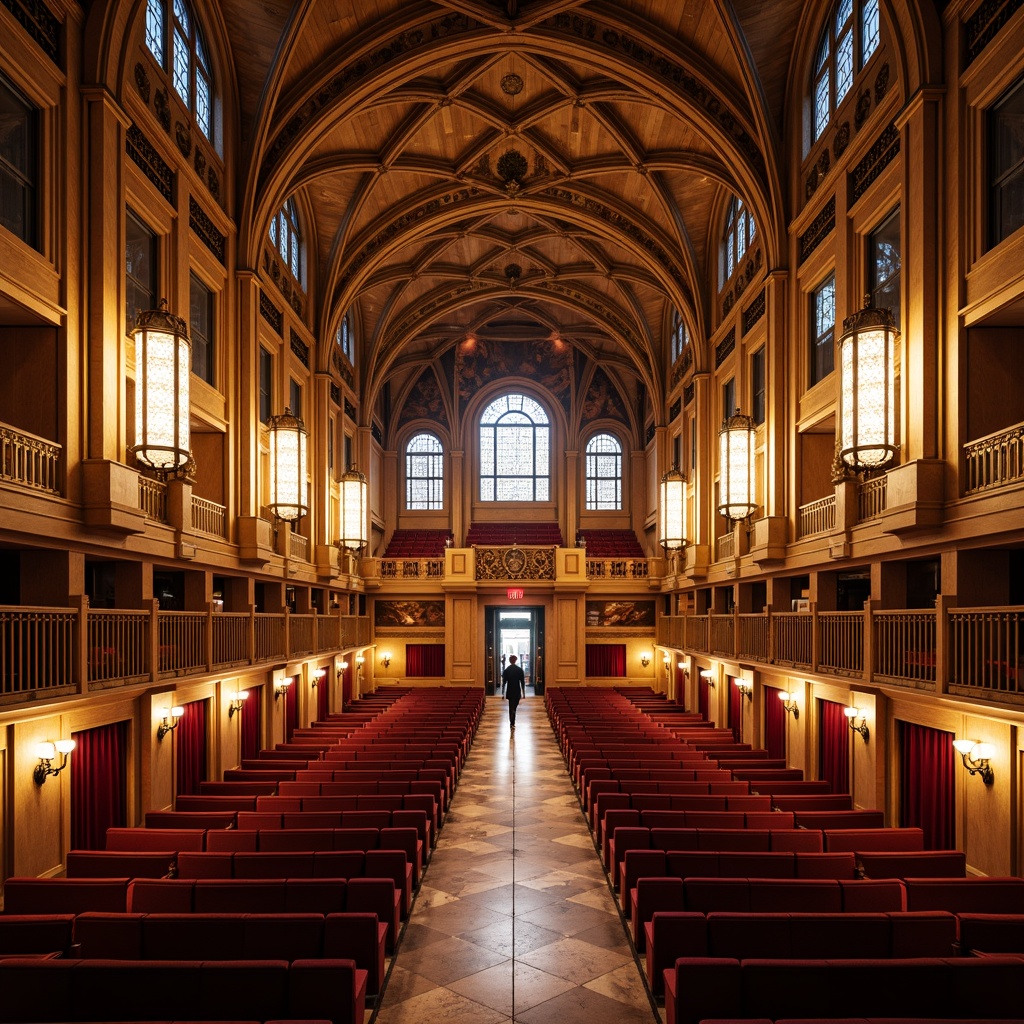 Prompt: Grand auditorium, pointed arches, ribbed vaults, Gothic style architecture, ornate stone carvings, stained glass windows, intricate tracery patterns, majestic chandeliers, polished marble floors, rich wood paneling, crimson red velvet curtains, dramatic spotlights, warm golden lighting, 1/2 composition, symmetrical framing, ornate balconies, lavish furnishings, regal atmosphere, grandiose scale, dramatic shadows, cinematic mood.