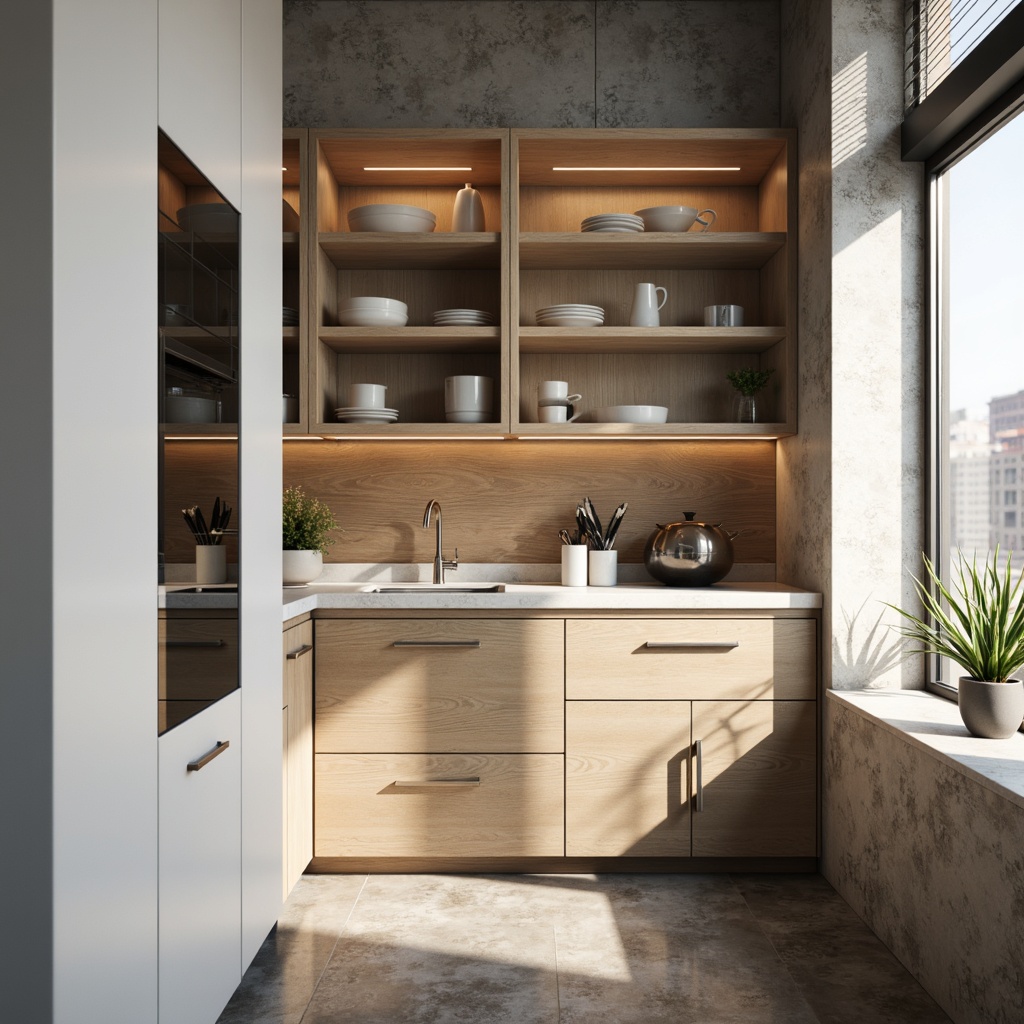 Prompt: Modern pantry interior, sleek cabinetry, matte white finishes, warm wood accents, polished chrome hardware, frosted glass doors, soft-close drawers, marble countertops, stainless steel appliances, LED lighting, minimalist decor, natural stone flooring, urban loft atmosphere, morning sunlight, shallow depth of field, 1/2 composition, realistic textures, ambient occlusion.