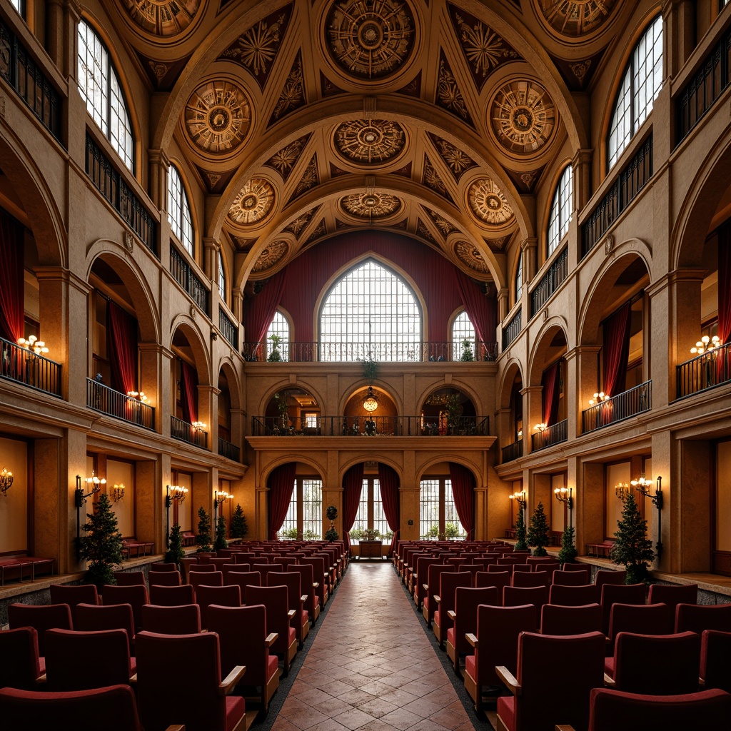 Prompt: Elegant auditorium, Gothic arches, ornate stone carvings, stained glass windows, grand chandeliers, velvet drapes, luxurious seating areas, curved rows of seats, plush cushions, wooden armrests, intricate metalwork, warm golden lighting, dramatic shadows, 1/2 composition, symmetrical framing, realistic textures, ambient occlusion.