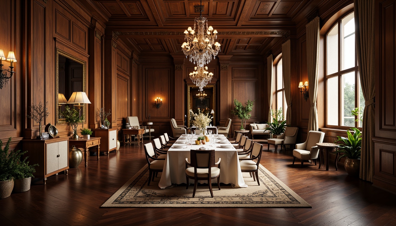 Prompt: Elegant dining room, dark hardwood floors, rich wood tones, ornate furnishings, luxurious fabrics, crystal chandeliers, formal atmosphere, classic architecture, high ceilings, large windows, natural light, warm golden lighting, shallow depth of field, 1/1 composition, realistic textures, ambient occlusion.