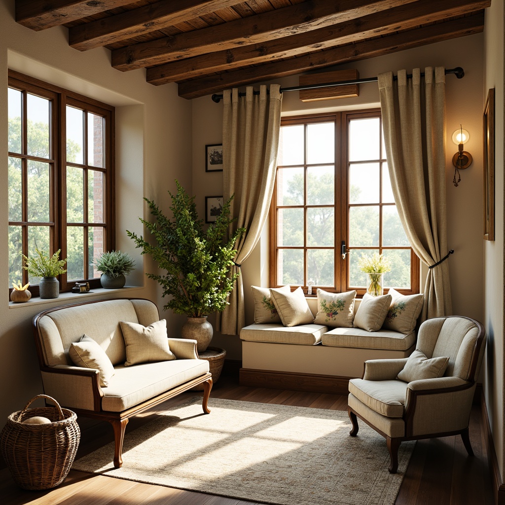 Prompt: Rustic French country cottage, distressed wood furniture, vintage floral patterns, linen fabrics, soft pastel colors, natural fiber rugs, woven baskets, antique decorative accents, Toile de Jouy prints, Provence-inspired motifs, gentle lighting, warm beige tones, comfortable plush textures, ornate wooden frames, luxurious velvet drapes, elegant tassel trim, classic bergerie chairs, cozy reading nooks, inviting window seats, soft focus photography, 1/2 composition, warm golden lighting.