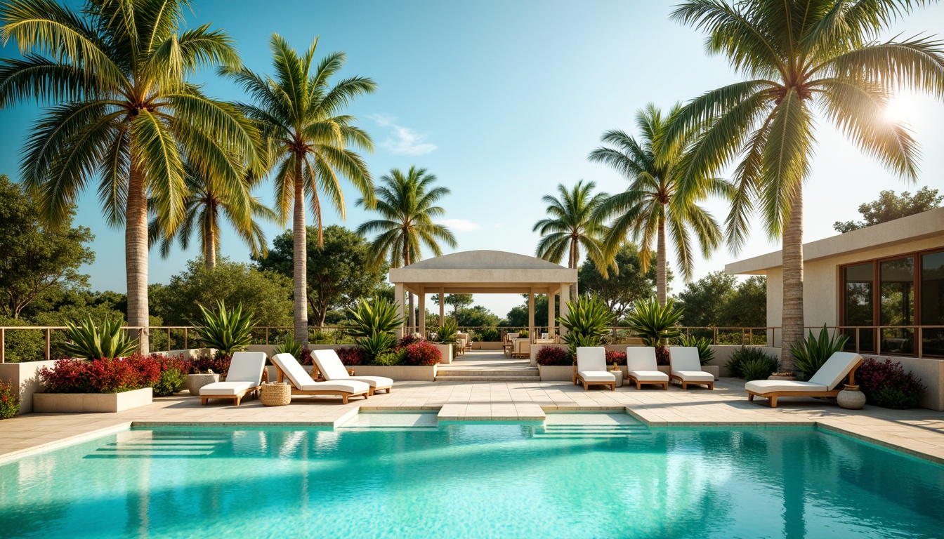 Prompt: Vibrant turquoise pool water, warm beige decking, lush green palm trees, colorful tropical flowers, modern minimalist pool furniture, sleek metal railings, crystal clear glass fencing, sunny day, soft warm lighting, shallow depth of field, 3/4 composition, panoramic view, realistic textures, ambient occlusion.