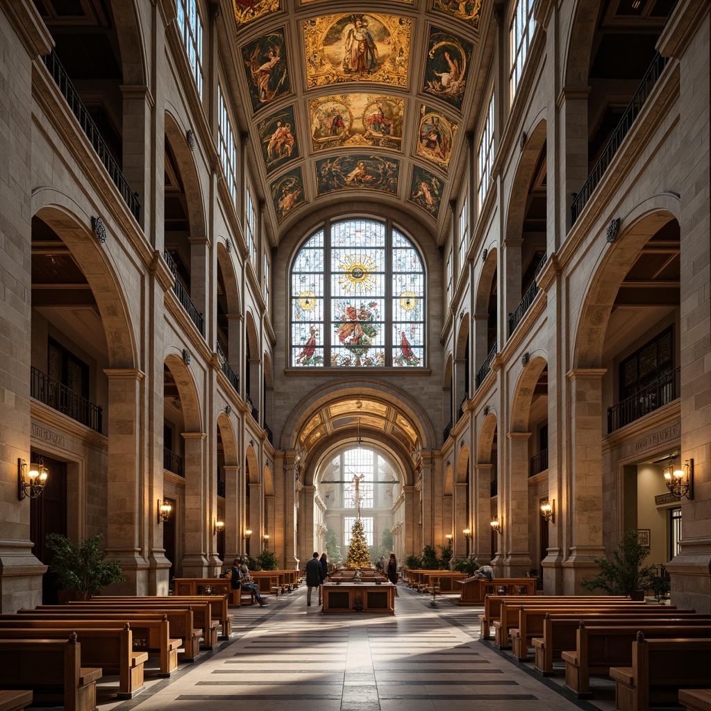 Prompt: Grandiose cathedral, symmetrical facade, ornate stone carvings, stained glass windows, intricate murals, gilded domes, classical columns, arches, vaulted ceilings, marble floors, solemn atmosphere, soft warm lighting, shallow depth of field, 1/1 composition, central perspective, realistic textures, ambient occlusion, subtle misting effects.