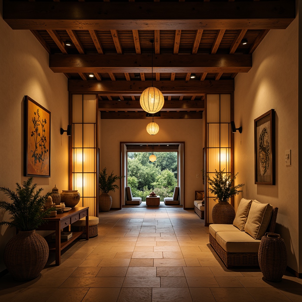 Prompt: Warm entryway, traditional Asian-style lanterns, soft warm lighting, paper lanterns, subtle shadows, natural textiles, woven bamboo furniture, low-seating areas, sliding shoji screens, minimal ornamentation, earthy tone color palette, natural stone flooring, wooden accents, gentle diffused light, warm beige tones, intimate ambiance, cozy nooks, 1/2 composition, soft focus, atmospheric lighting.