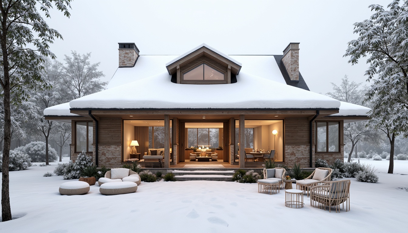 Prompt: Simple Scandinavian cabin, snow-capped roofs, wooden facade, natural stone walls, minimalist design, clean lines, monochromatic color scheme, large windows, sliding glass doors, cozy interior lighting, Nordic-inspired furniture, woven textiles, rustic wood accents, neutral color palette, functional simplicity, clutter-free spaces, organic forms, subtle textures, soft diffused light, shallow depth of field, 2/3 composition, atmospheric perspective.