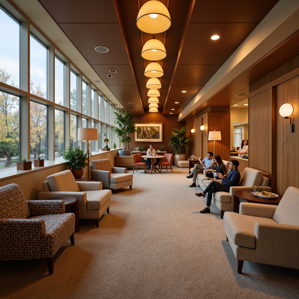 Prompt: Cozy student lounge, warm color temperatures, soft glowing lamps, comfortable seating areas, natural wood accents, earthy tone walls, plush carpets, inviting corner nooks, floor-to-ceiling windows, abundant natural light, warm beige tones, relaxing ambiance, subtle lighting contrasts, 1/1 composition, shallow depth of field, realistic textures, ambient occlusion.