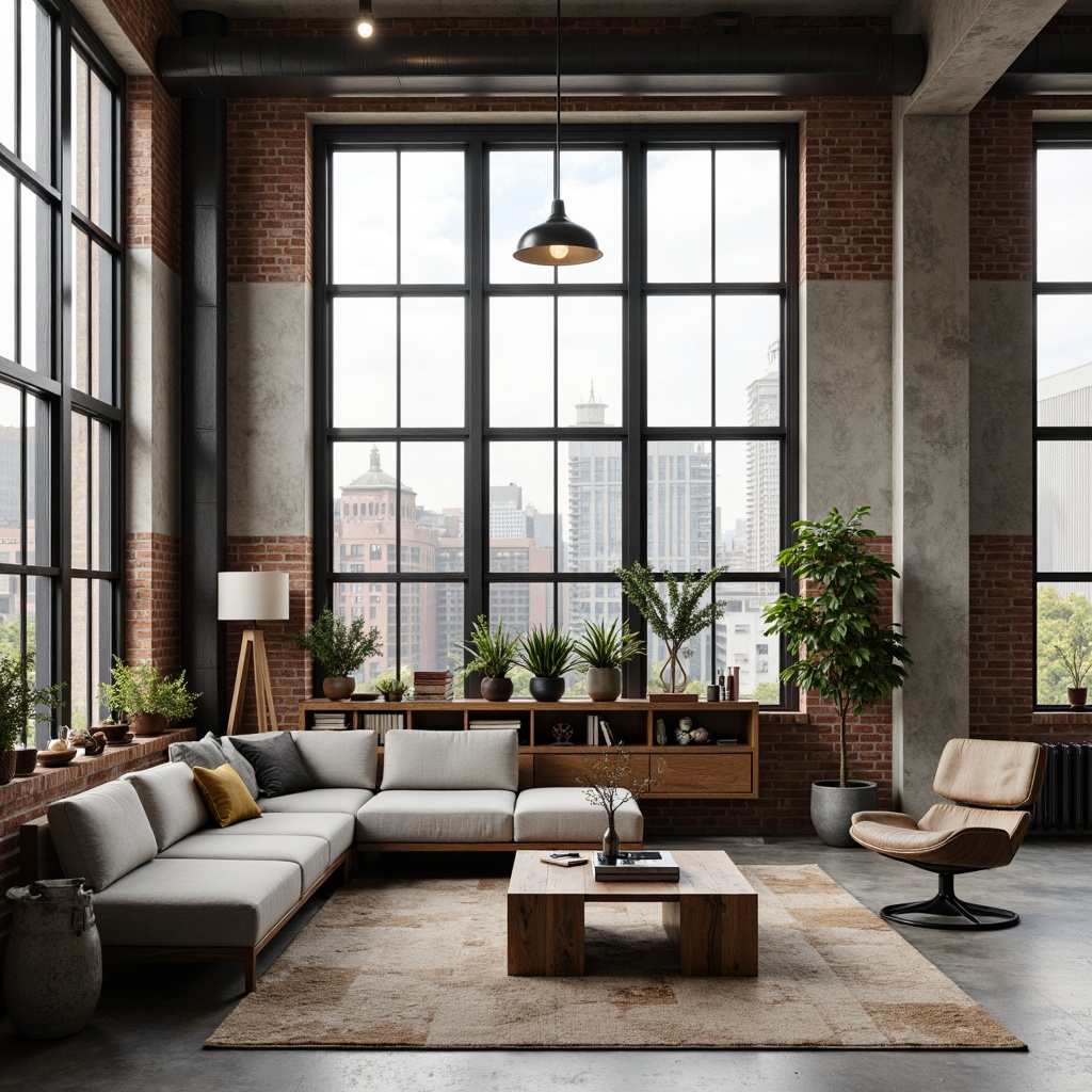 Prompt: Mid-century modern living room, sleek low-profile sofa, reclaimed wood coffee table, industrial metal lighting fixtures, vintage area rug, minimalist decorative accents, large windows, natural light, urban loft atmosphere, exposed brick walls, polished concrete floors, monochromatic color scheme, 1/1 composition, softbox lighting, realistic textures.