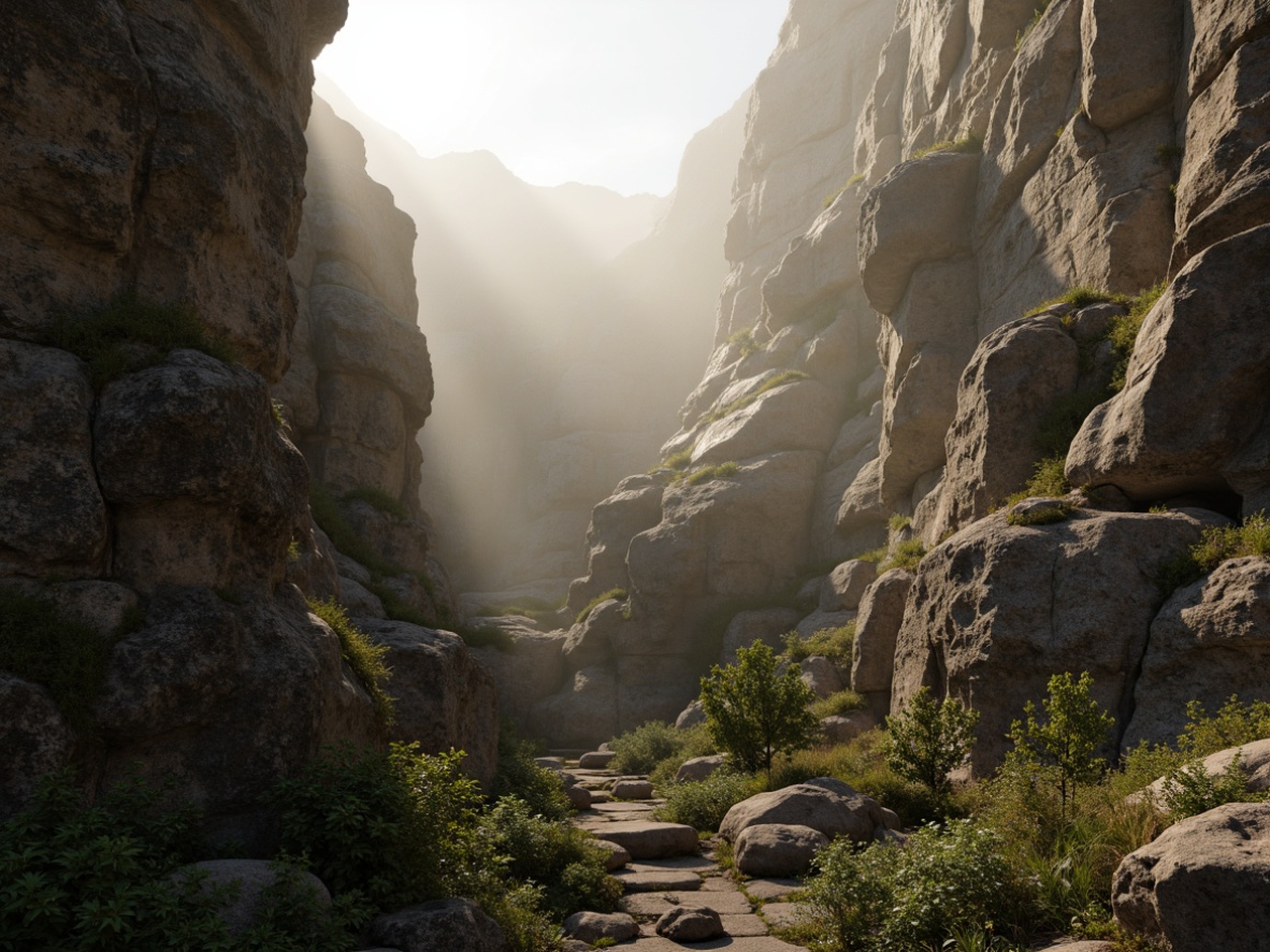 Prompt: Rugged rocky cliffs, weathered stone walls, moss-covered boulders, misty atmospheric effects, soft warm lighting, subtle shadows, detailed normal maps, realistic ambient occlusion, intricate stone carvings, ancient ruins, mystical landscapes, foggy mornings, dew-kissed vegetation, earthy tones, natural rock formations, 3D sculpted surfaces, high-frequency details, cinematic depth cues.