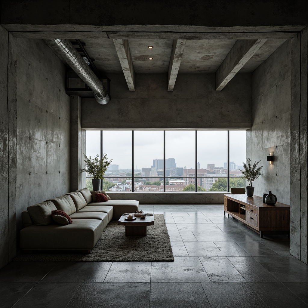 Prompt: Rough concrete walls, exposed ductwork, industrial metal beams, raw unfinished surfaces, brutalist architectural style, rugged stone floors, cold metallic accents, minimalist decor, functional furniture, urban cityscape views, overcast skies, dramatic shadowing, high-contrast lighting, 1/1 composition, moody atmospheric effects, realistic material textures, ambient occlusion.