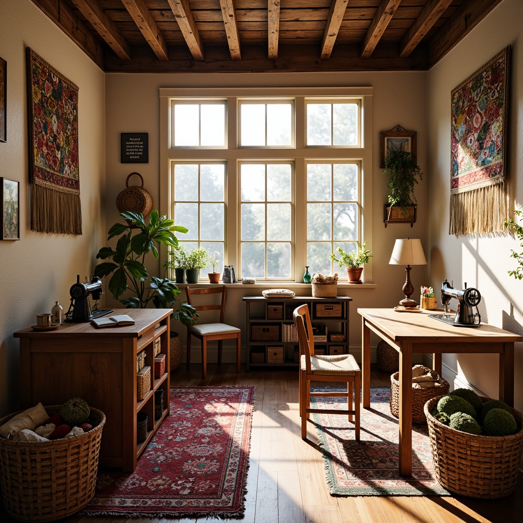 Prompt: Cozy craft room, warm wooden tables, vintage sewing machines, woven baskets, eclectic fabric collections, colorful yarns, soft cushions, plush rugs, natural light pouring in, earthy tones, rustic textures, woven wall hangings, macrame plant holders, bohemian-inspired decor, vibrant tapestries, geometric patterned fabrics, comfortable reading nooks, task lamps with linen shades, organized storage shelves, creative freedom, inspirational quotes, and soft warm lighting.