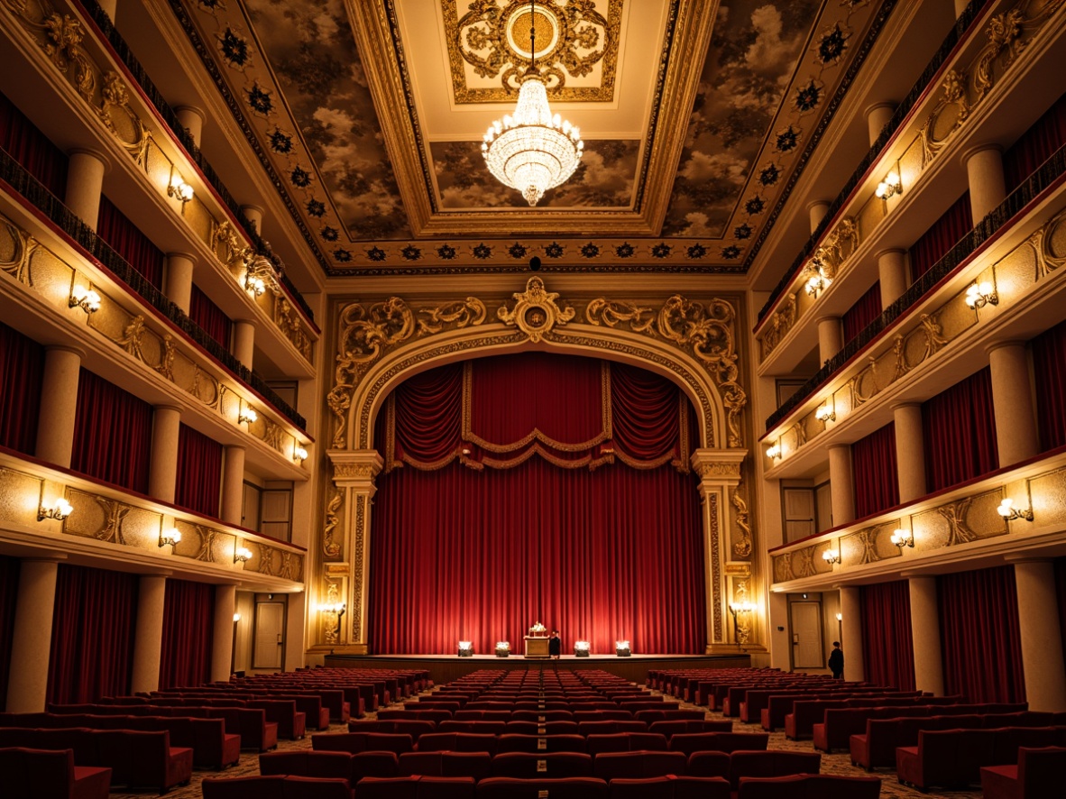 Prompt: Grand opera house, eclectic interior design, ornate chandeliers, red velvet curtains, golden balconies, intricate moldings, acoustic panels, sound-absorbing materials, curved lines, luxurious fabrics, rich textures, warm color palette, intimate seating areas, dramatic lighting effects, spotlighting, soft warm glow, 1/2 composition, shallow depth of field, realistic reflections, ambient occlusion.