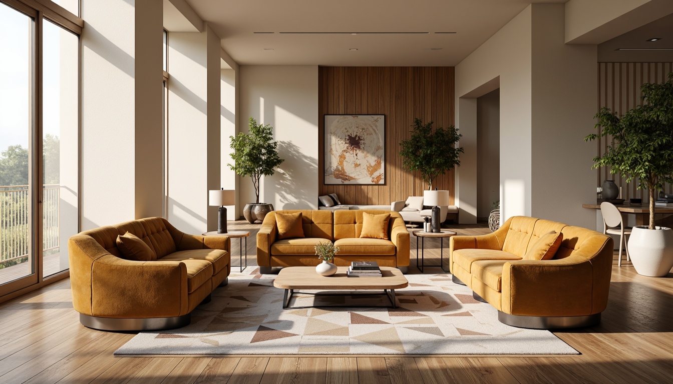 Prompt: Curved wooden legs, polished chrome accents, tufted velvet upholstery, low-profile sofas, kidney-shaped coffee tables, rounded armchairs, geometric patterned rugs, metallic side tables, minimalist floor lamps, warm beige walls, large windows, natural light, soft box shadows, 1/1 composition, realistic wood textures, ambient occlusion.