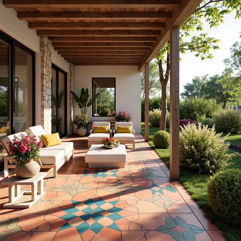 Prompt: Vibrant sunroom, stylish tile patterns, geometric shapes, Moroccan-inspired designs, bright color schemes, natural stone accents, sleek glass doors, modern minimalist furniture, lush greenery, blooming flowers, warm sunny day, soft warm lighting, shallow depth of field, 3/4 composition, panoramic view, realistic textures, ambient occlusion.