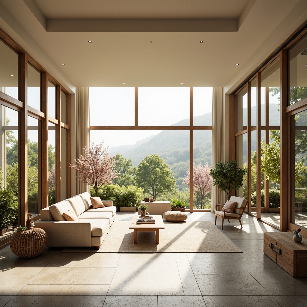 Prompt: Spacious living room, large windows, sliding glass doors, natural stone flooring, wooden accents, minimal decor, open floor plan, abundant sunlight, soft warm lighting, indirect illumination, subtle shadows, cozy reading nook, comfortable furniture, pastel color palette, blooming plants, gentle breeze, serene ambiance, 1/1 composition, shallow depth of field, realistic textures, ambient occlusion.