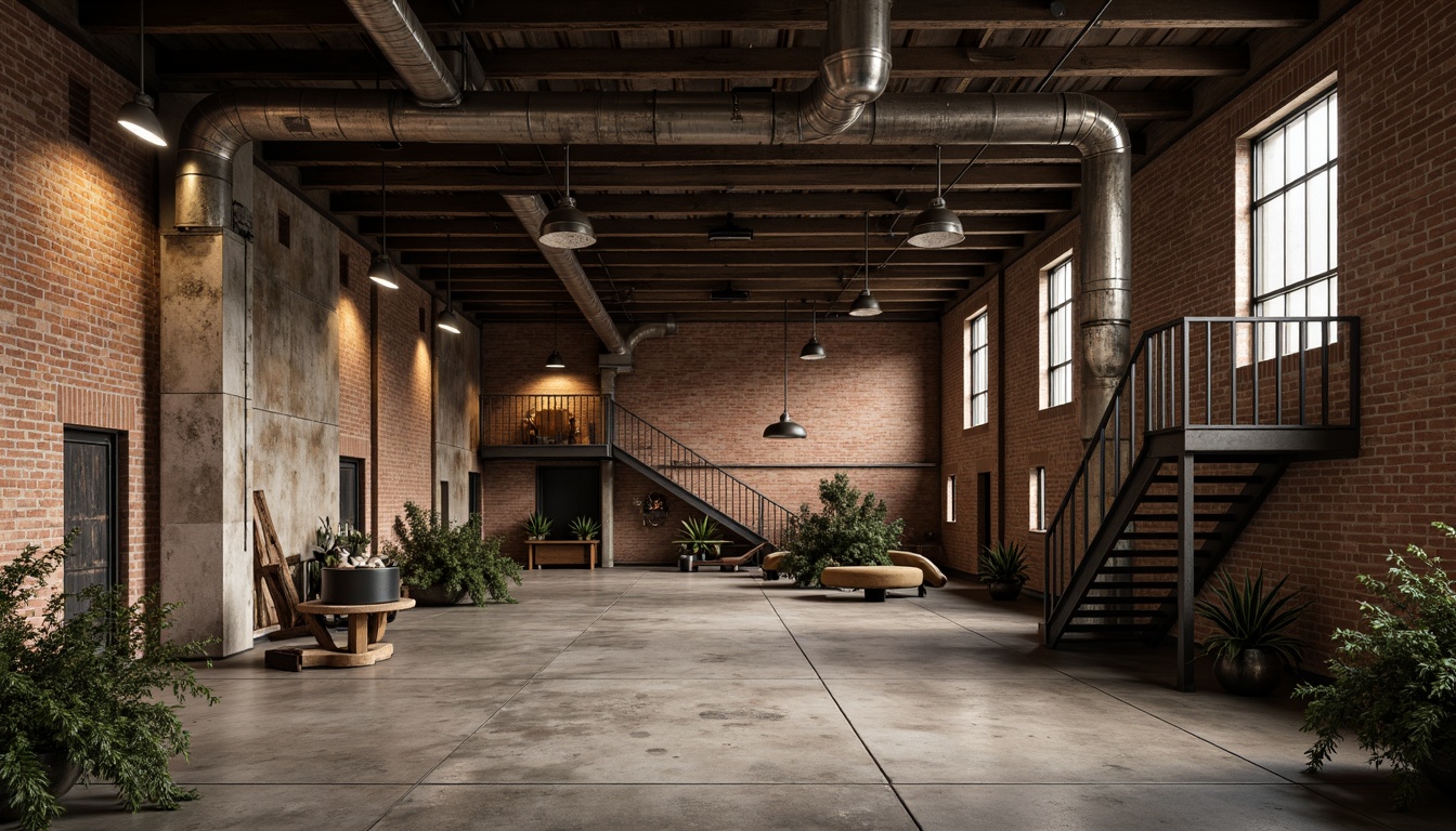 Prompt: Rustic warehouse interior, exposed ductwork, concrete floors, metal beams, industrial lighting fixtures, raw brick walls, distressed wooden accents, urban decay atmosphere, dim warm lighting, shallow depth of field, 1/1 composition, realistic textures, ambient occlusion, rough stone foundation, metal staircase, minimalist decor, functional aesthetic, utilitarian vibe.