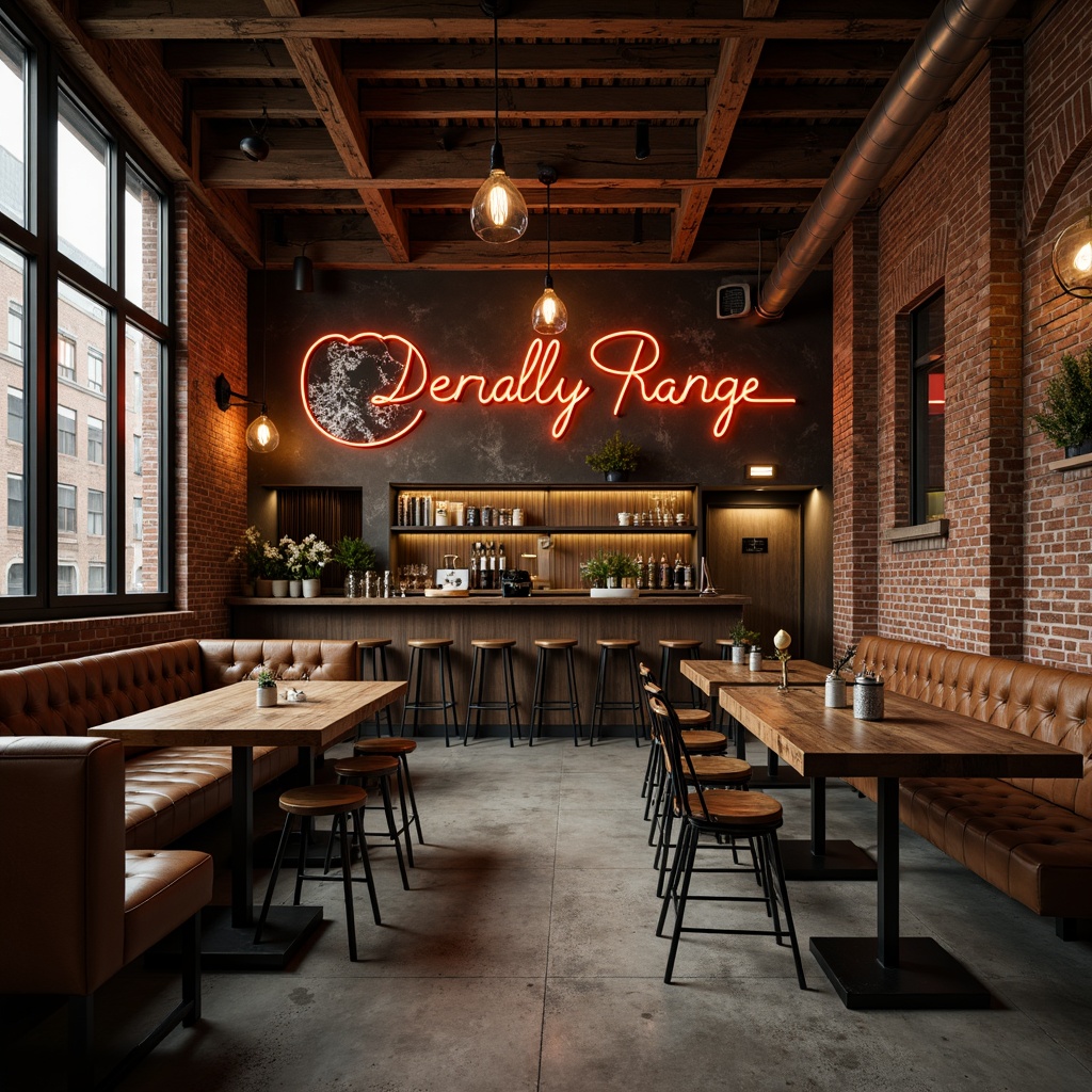 Prompt: Reclaimed wood accents, industrial metal frames, vintage leather upholstery, neon signs, dim warm lighting, exposed brick walls, concrete floors, rustic wooden tables, metal stools, Edison bulbs, minimalist decor, urban loft atmosphere, distressed finishes, rich brown colors, soft ambient glow, 1/1 composition, dramatic shadows, realistic textures.