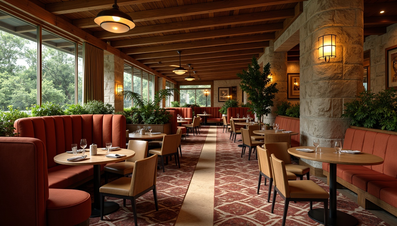 Prompt: Warm mid-century modern restaurant, rich wood tones, elegant curves, plush velvet upholstery, geometric patterned rugs, vintage-inspired lighting fixtures, minimalist decor, sleek wooden tables, comfortable cushioned chairs, retro-style booths, natural stone walls, earthy color palette, abundant greenery, organic textures, soft warm lighting, shallow depth of field, 1/2 composition, intimate atmosphere, realistic reflections.