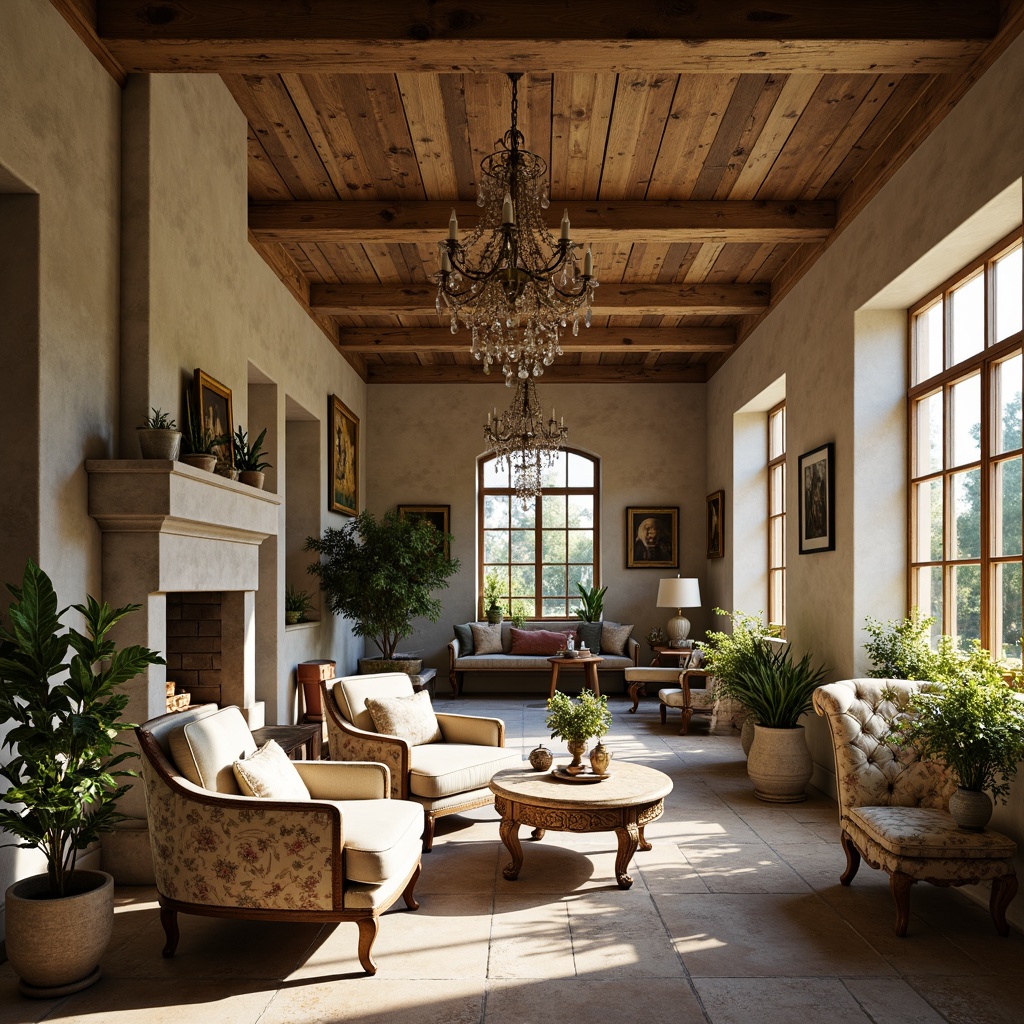 Prompt: Rustic French country mansion, distressed wood accents, soft golden lighting, plush velvet armchairs, ornate carved wooden furniture, natural linen upholstery, vintage metalware, elegant crystal chandeliers, worn stone flooring, cozy fireplace nooks, lush greenery, floral patterns, toile fabrics, creamy whites, warm beige tones, classic Louis XVI chairs, curved lines, cabriole legs, soft pastel hues, morning sunlight, shallow depth of field, 1/2 composition, realistic textures, ambient occlusion.