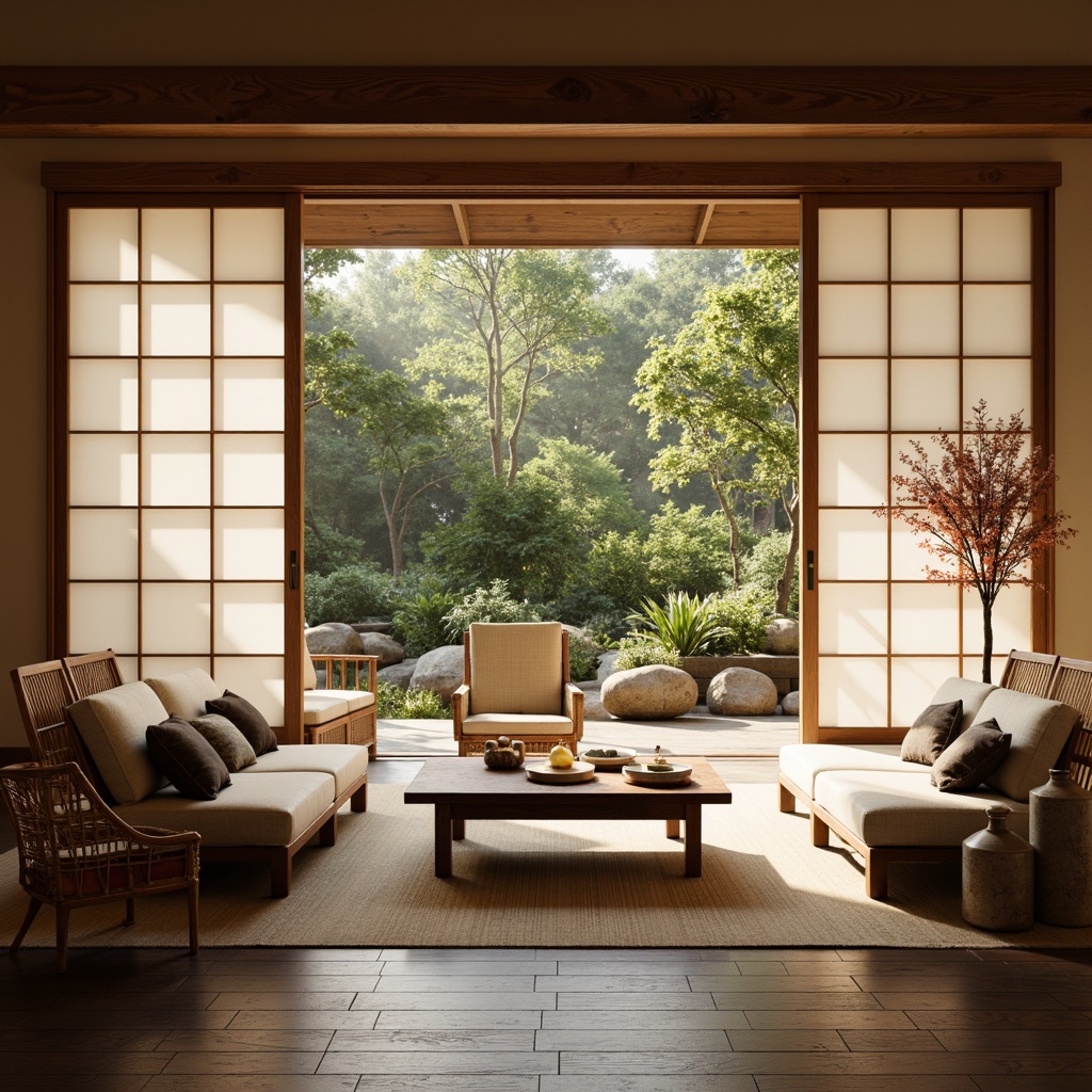 Prompt: Traditional Japanese sliding doors, natural wood tones, minimal ornamentation, low-seating sofas, intricately carved wooden coffee tables, delicate paper lanterns, woven bamboo chairs, subtle silk textiles, hand-painted ceramic vases, warm beige walls, polished dark wood floors, soft diffused lighting, 1/1 composition, shallow depth of field, realistic wood grain textures, ambient occlusion.