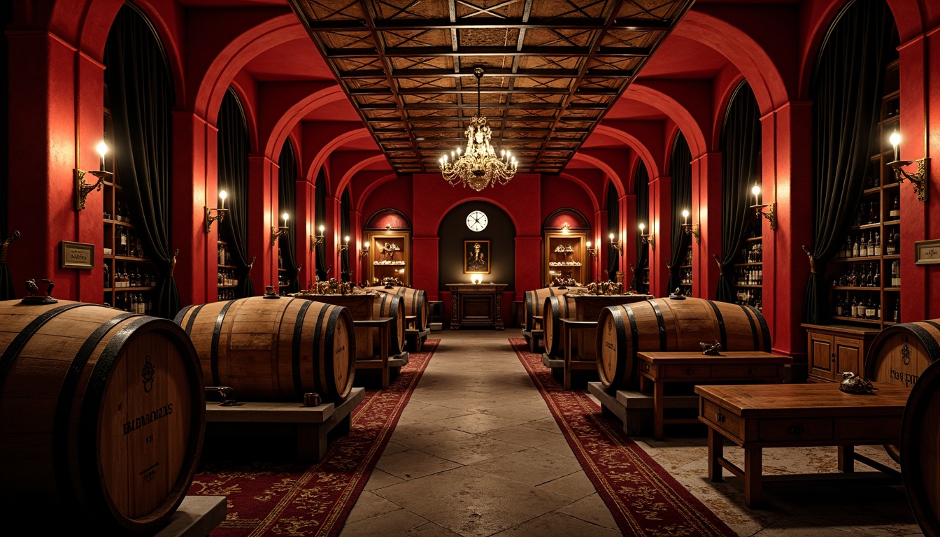 Prompt: Richly ornate wine cellars, dark mysterious atmosphere, crimson red walls, velvety black drapes, golden accents, ornate metalwork, dim warm lighting, candlelit ambiance, rustic stone floors, ancient wooden barrels, mysterious shadows, eerie silence, bold typography, luxurious textures, dramatic color contrasts, 1/1 composition, high-contrast lighting, cinematic mood, mystical ambiance.