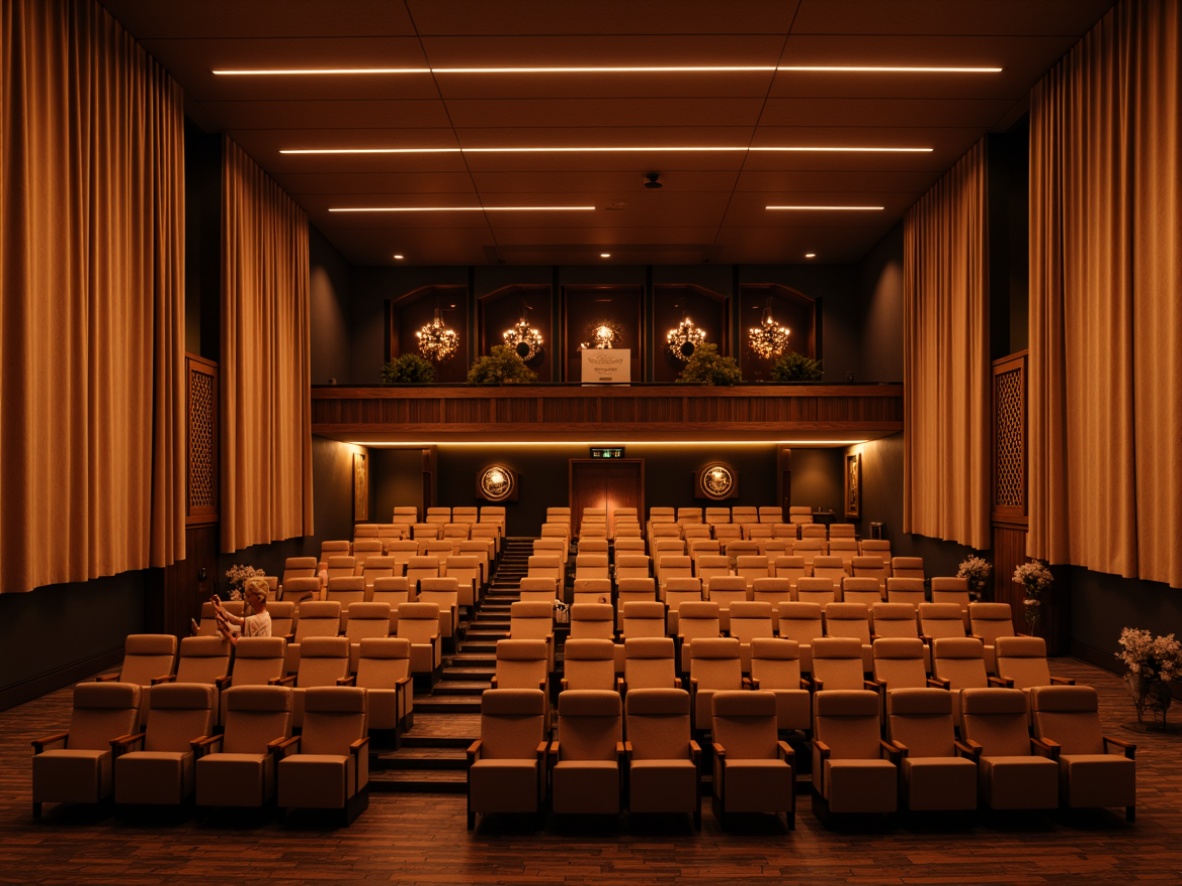 Prompt: Warmly lit auditorium, rich wood accents, soft velvet curtains, plush theater seats, acoustic panels with geometric patterns, sound-absorbing materials, minimalist decor, warm beige walls, dark hardwood floors, elegant chandeliers, subtle LED lighting, 3/4 composition, shallow depth of field, realistic textures, ambient occlusion.