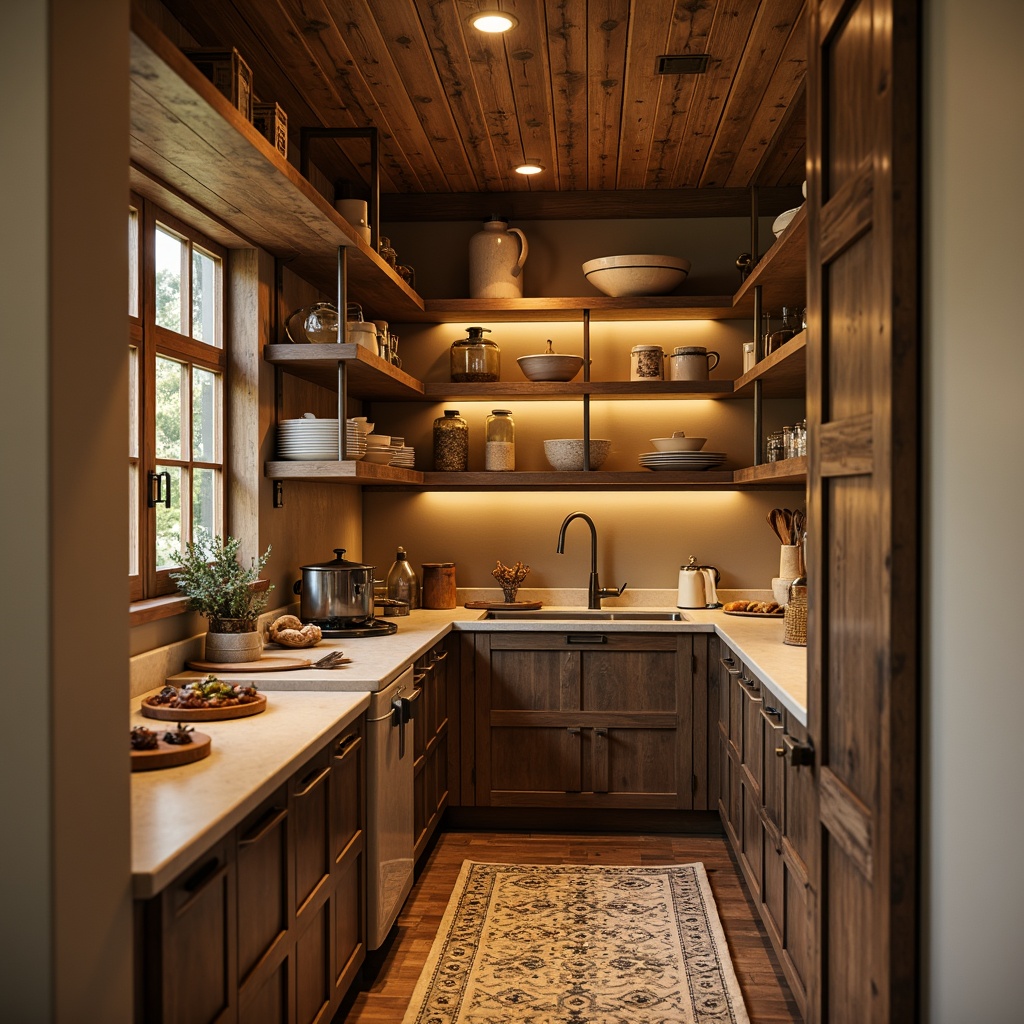 Prompt: Cozy pantry, warm neutral tones, earthy brown shelves, soft beige walls, rustic wooden accents, vintage metal cabinets, decorative ceramic tiles, warm golden lighting, shallow depth of field, 1/1 composition, realistic textures, ambient occlusion.