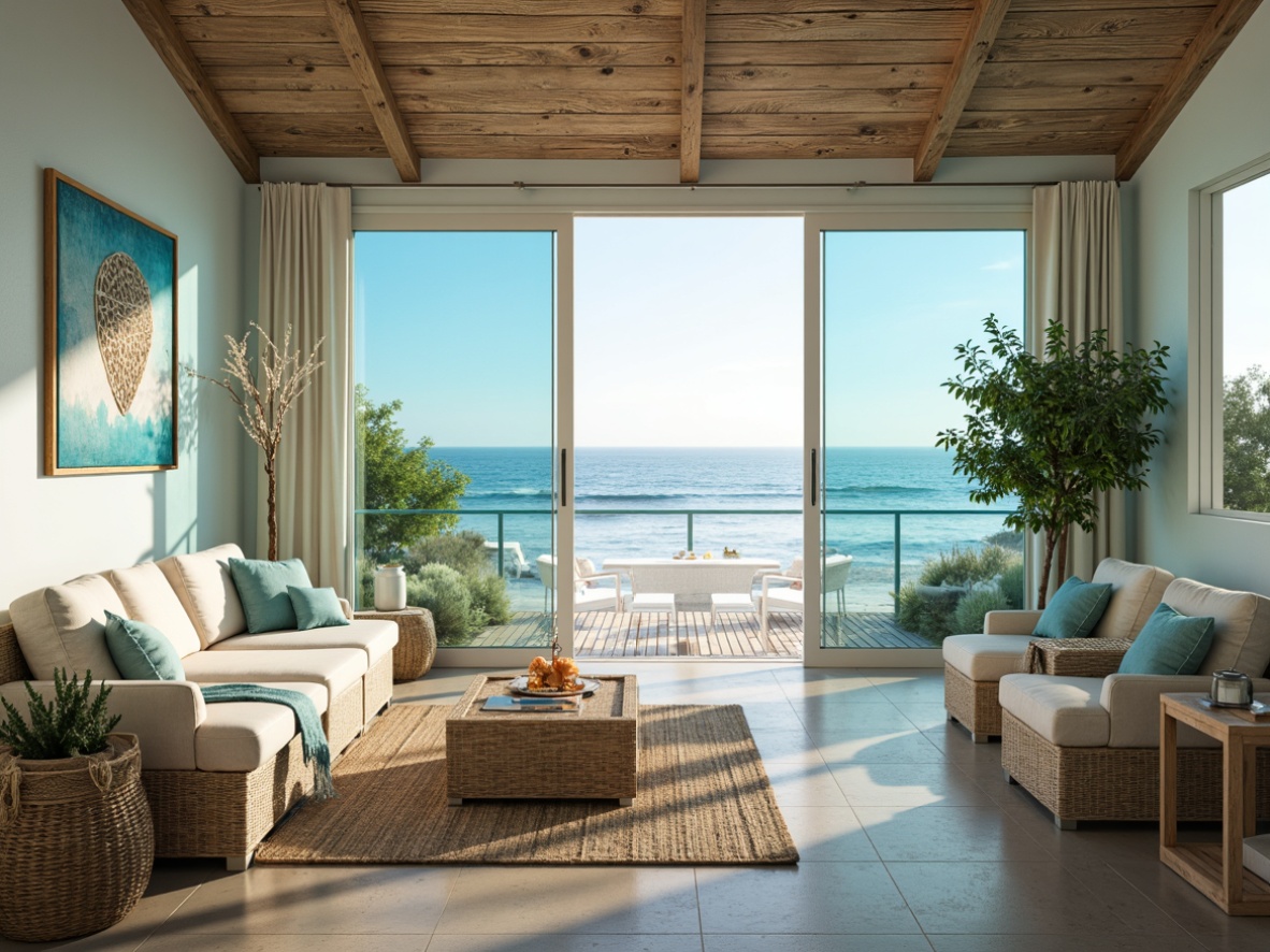 Prompt: Coastal-themed interior, ocean-inspired color palette, soft blue and green hues, natural textures, woven fibers, driftwood accents, shell-shaped decorations, beachy vibe, calming atmosphere, large windows, sliding glass doors, ocean views, sunny day, warm lighting, shallow depth of field, 3/4 composition, realistic textures, ambient occlusion.