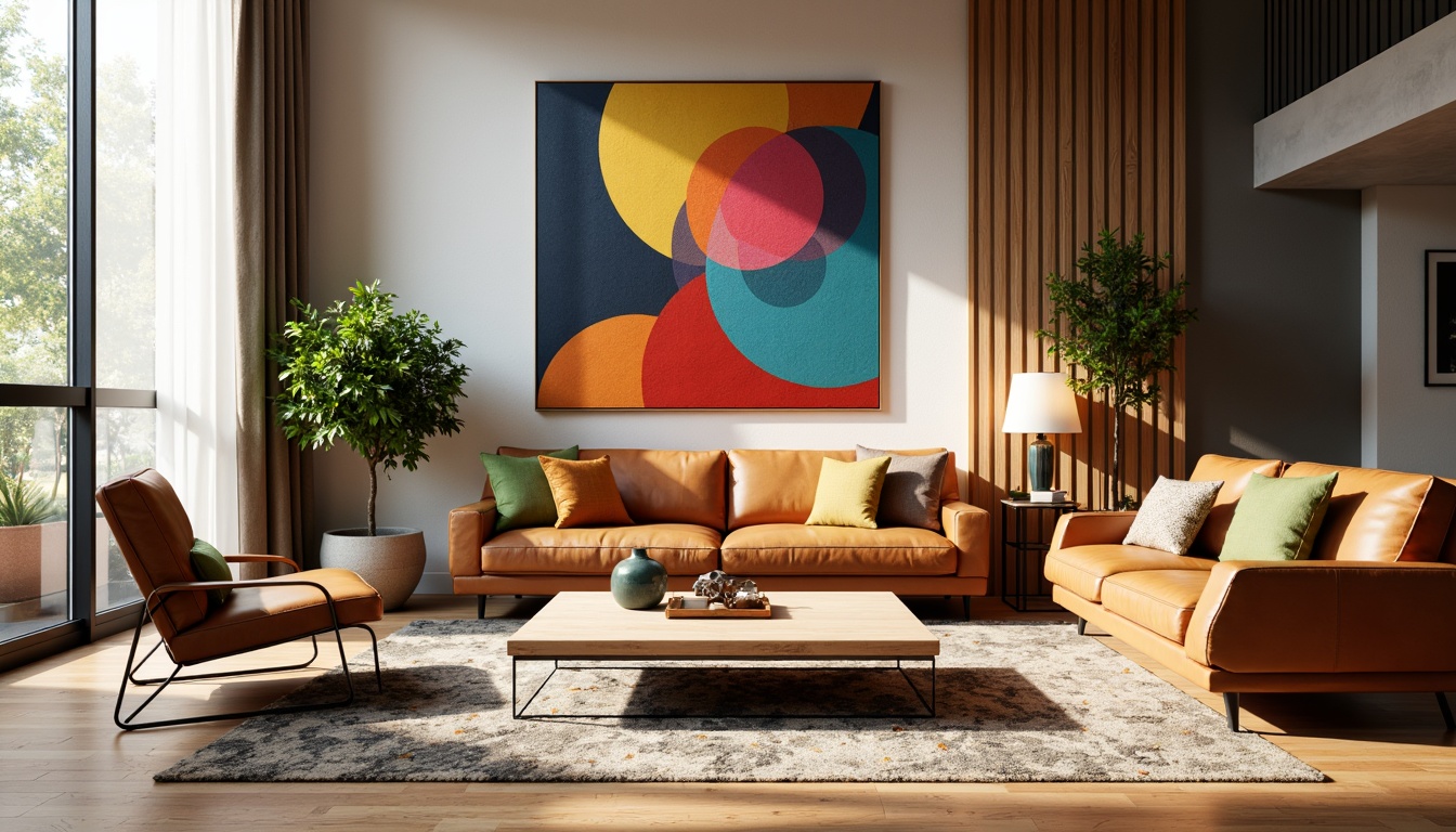 Prompt: Mid-century modern living room, sleek wooden furniture, geometric patterns, vibrant colorful textiles, intricate metal legs, ergonomic chair designs, minimalist coffee tables, Scandinavian-inspired decor, large windows, natural light, soft warm ambiance, 1/1 composition, realistic wood textures, ambient occlusion, retro-futuristic accents, elegant curved lines, functional storage solutions, luxurious velvet upholstery, abstract artwork, sophisticated color palette.