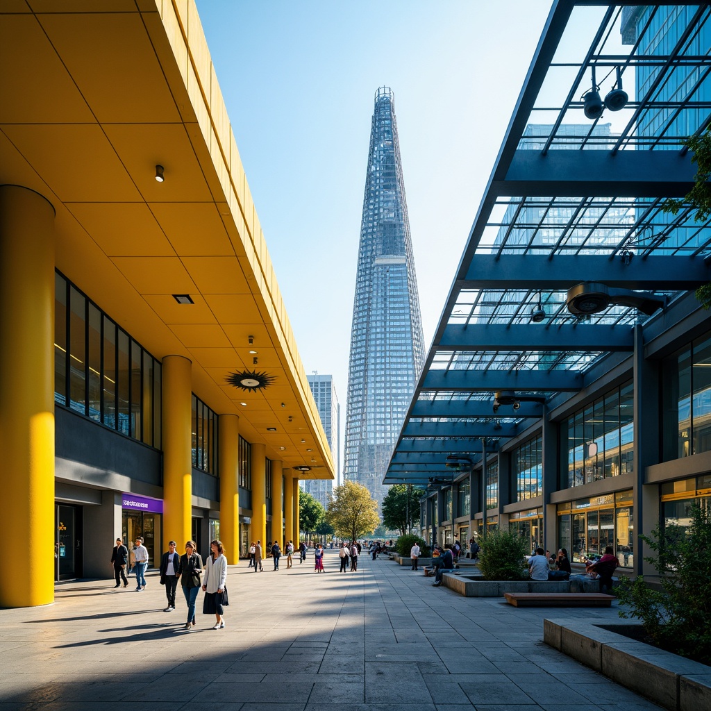 Prompt: Vibrant bus station, modern architecture, bold primary colors, bright yellow accents, deep blue tones, sleek metallic surfaces, glass roofs, natural stone floors, urban cityscape, busy streets, morning sunlight, soft warm lighting, shallow depth of field, 1/1 composition, realistic textures, ambient occlusion.