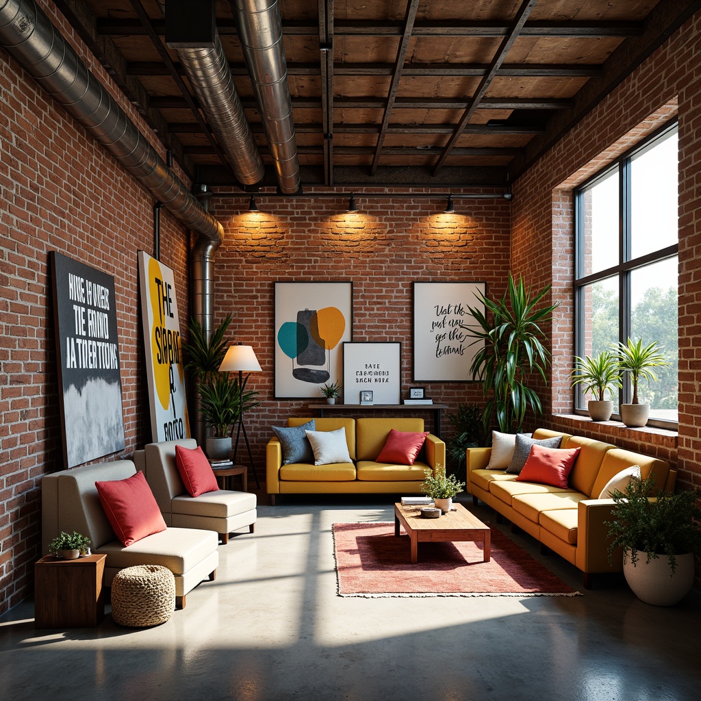 Prompt: Vibrant modern art studio, trendy industrial architecture, exposed brick walls, metal beams, eclectic furniture, bold colorful accents, abstract artwork, inspirational quotes, natural light pouring in, warm cozy atmosphere, softbox lighting, 3/4 composition, shallow depth of field, realistic textures, ambient occlusion.