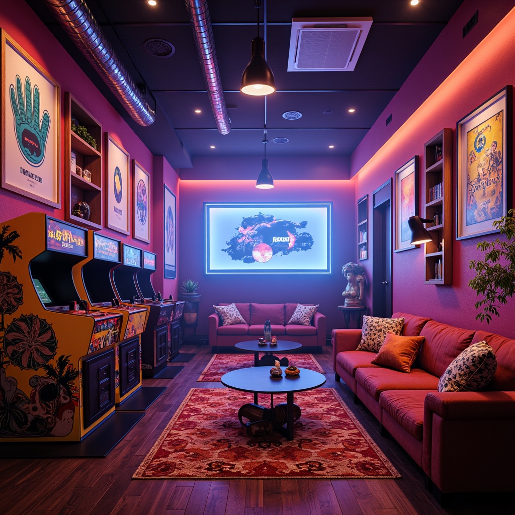 Prompt: Vibrant game room, neon-lit arcade machines, bold colorful walls, eclectic furniture pieces, retro-inspired posters, funky patterned rugs, statement lighting fixtures, industrial-chic decor accents, reclaimed wood shelves, cozy plush sofas, oversized pillows, playful throw blankets, futuristic gaming consoles, high-tech sound systems, immersive virtual reality experiences, atmospheric fog effects, dramatic spotlights, cinematic wide-angle views, shallow depth of field, realistic textures, ambient occlusion.