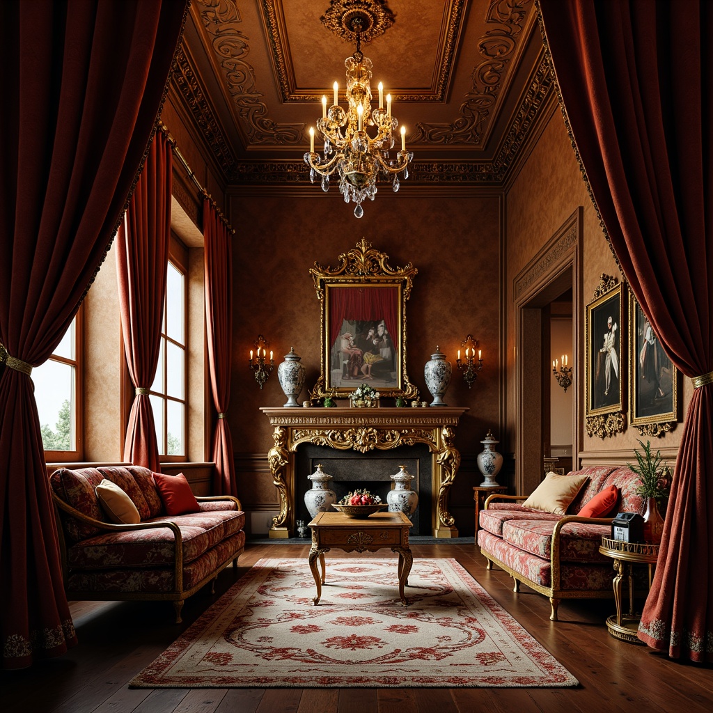 Prompt: Luxurious storage room, ornate Rococo style, velvet drapes, golden accents, intricately carved wooden furniture, delicate porcelain vases, lavish silk fabrics, rich jewel-toned colors, opulent chandeliers, ornamental mirrors, gilded frames, soft warm lighting, shallow depth of field, 1/1 composition, intimate atmosphere, realistic textures, ambient occlusion.