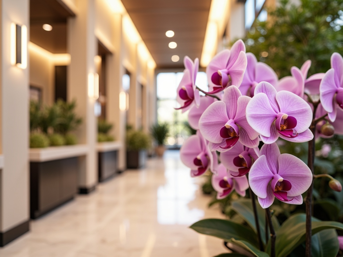 Prompt: Luxuriant orchid flowers, delicate petals, soft pink undertones, rich purple hues, velvety smooth texture, elegant modern architecture, sleek lines, minimalist design, subtle gradient effects, warm golden lighting, shallow depth of field, 1/1 composition, realistic rendering, ambient occlusion, natural stone floors, creamy marble countertops, lavender accents, beige backgrounds, soft focus blur, warm atmospheric haze.