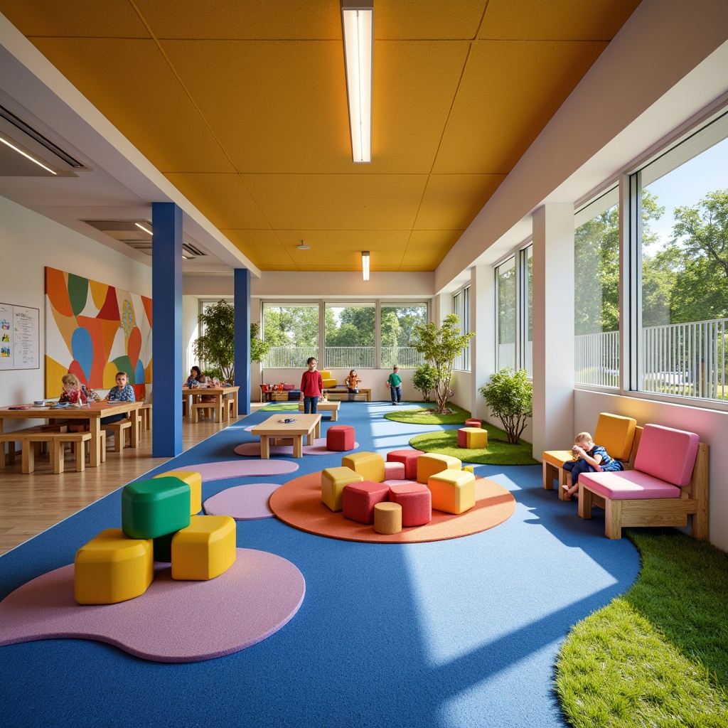 Prompt: Vibrant kindergarten playground, soft rubber flooring, rounded play equipment, impact-absorbing surfaces, secure fencing, electronic access control systems, CCTV cameras, emergency exit signs, fire alarm systems, sprinkler systems, non-toxic paint, child-friendly furniture, ergonomic desks, comfortable seating areas, natural lighting, warm color schemes, acoustic panels, reduced noise levels, accessible ramps, wide corridors, clear signage, easy-to-clean surfaces, antimicrobial coatings, healthy ventilation systems, air purification units, soft play zones, cozy reading nooks, stimulating sensory experiences, interactive educational tools.