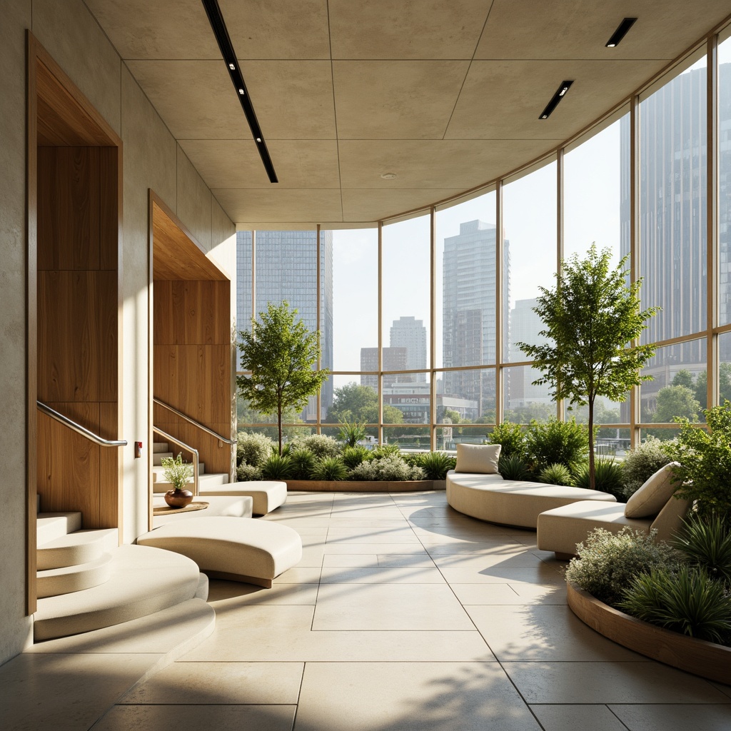 Prompt: Soft celadon tones, calming atmosphere, natural stone floors, wooden accents, gentle curves, modern minimalist design, sleek metal handrails, large windows, soft diffused lighting, warm beige walls, comfortable seating areas, lush greenery, urban cityscape views, morning sunlight, shallow depth of field, 1/1 composition, realistic textures, ambient occlusion.