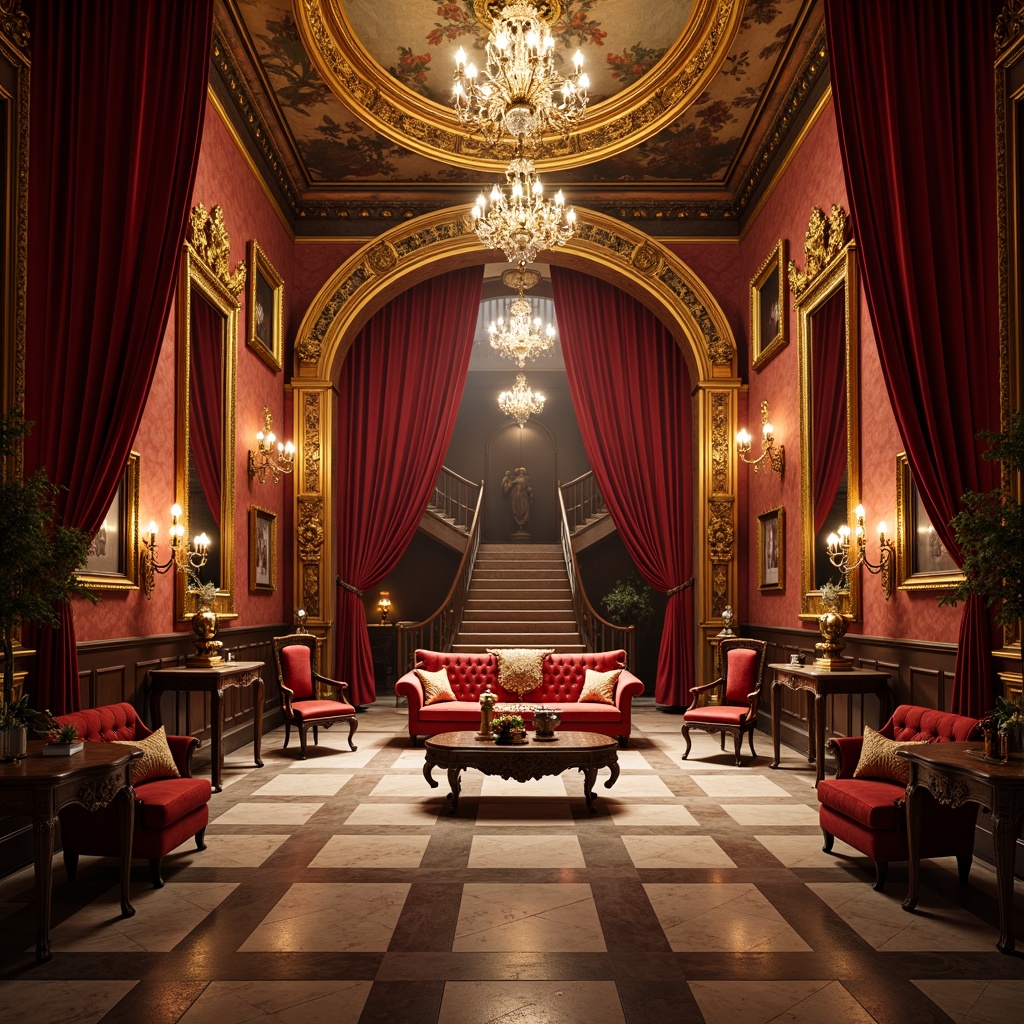 Prompt: Opulent theater baroque inspired space, lavish red velvet drapes, gilded ornate frames, crystal chandeliers, intricate carvings, marble floors, ornamental mirrors, luxurious tufted sofas, richly upholstered armchairs, carved wooden tables, bronze statues, dramatic spotlights, warm golden lighting, deep crimson walls, majestic archways, fresco ceilings, grandiose staircases, lavish tapestries, antique furniture pieces, extravagant candelabras, 3/4 composition, shallow depth of field, soft focus, cinematic atmosphere.