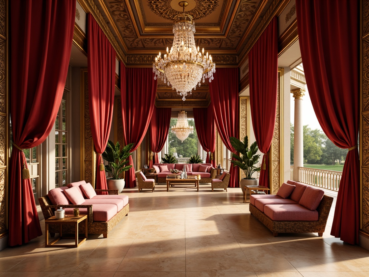 Prompt: Luxurious pavilion interior, rich velvet drapes, ornate golden frames, intricate wooden carvings, majestic crystal chandeliers, lavish silk upholstery, warm beige marble floors, opulent jewel-toned accents, soft warm lighting, subtle shadowing, 1/1 composition, shallow depth of field, realistic textures, ambient occlusion.