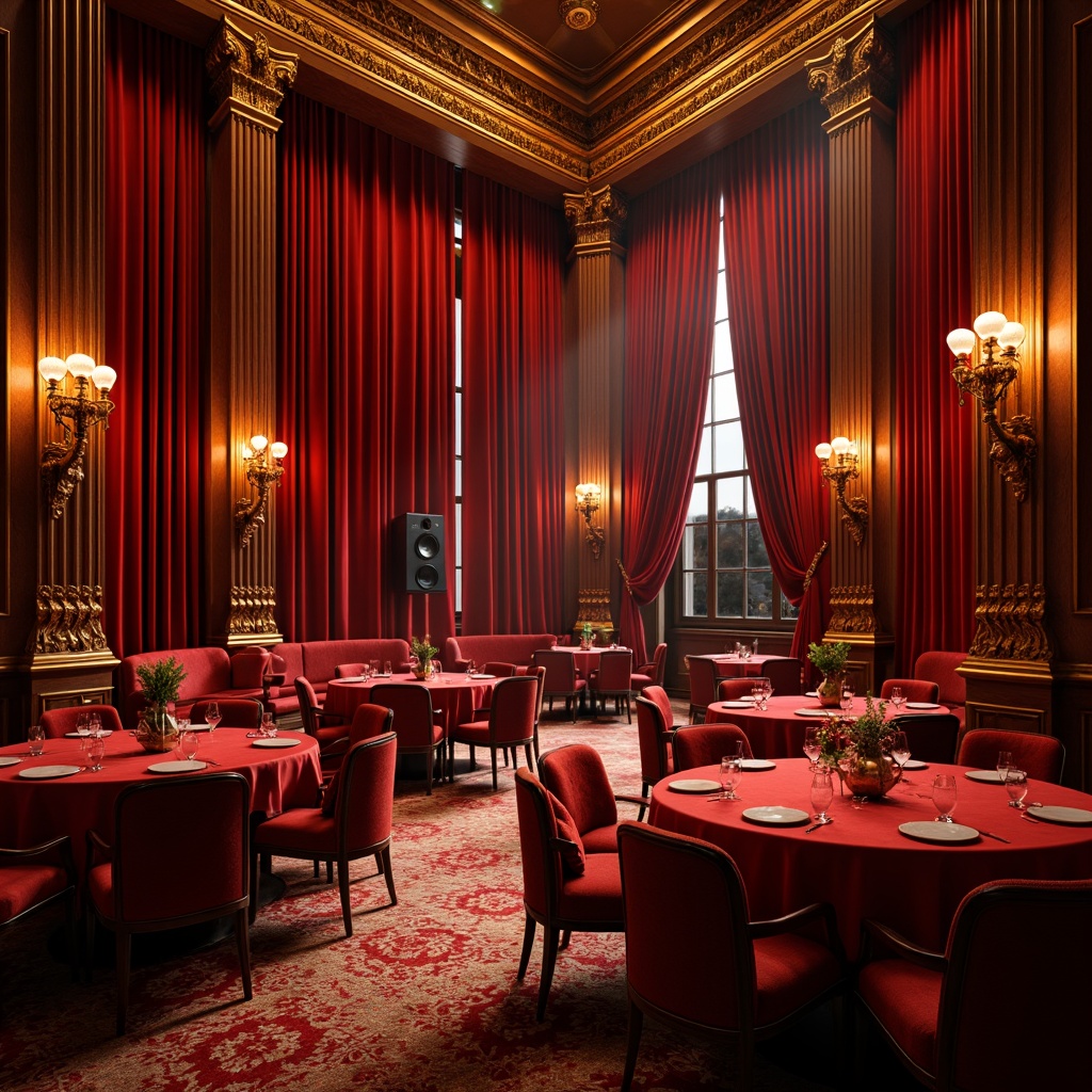 Prompt: Vibrant red velvet curtains, rich wood accents, golden ornate details, plush comfortable seating, elegant chandeliers, sophisticated sound systems, warm dimmable lighting, intimate setting, classic architectural design, grandiose high ceilings, dramatic spotlights, luxurious fabric upholstery, bold contrasting colors, dynamic visual effects, 1/2 composition, soft focus, warm color temperature.