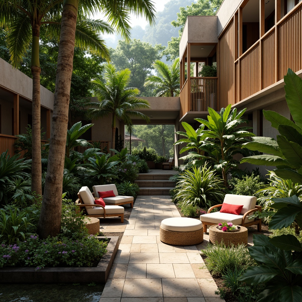 Prompt: Lush tropical interior, exotic plants, palm trees, ferns, vibrant flowers, natural textiles, woven rattan furniture, wooden accents, earthy tones, warm lighting, cozy atmosphere, water features, stone walls, modern tropical architecture, large windows, sliding glass doors, greenery-filled courtyard, misty ambiance, soft focus, shallow depth of field, 1/1 composition, realistic plant textures, ambient occlusion.